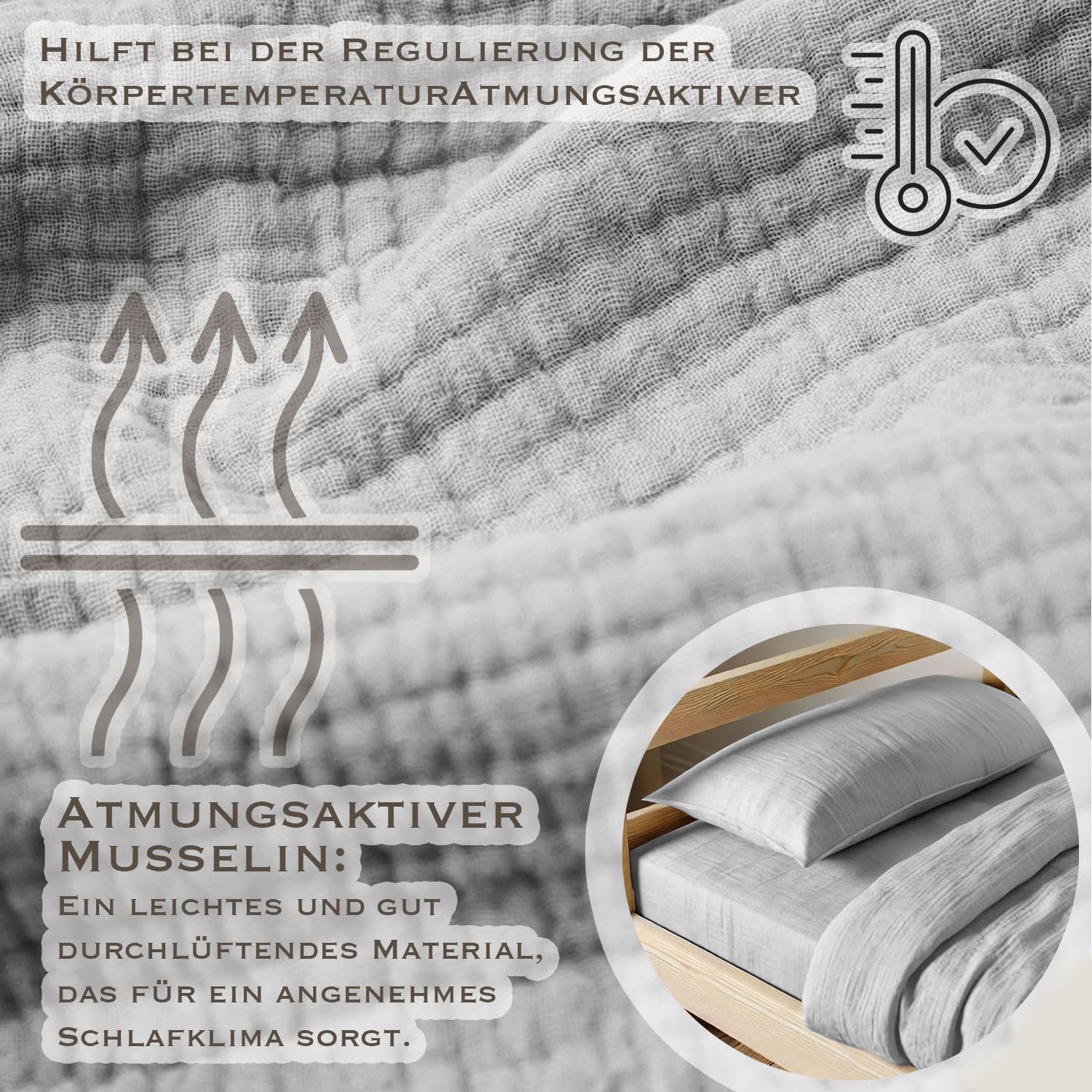 PaLulli® Komplet Pościeli z Muślinu, Poszewka na Poduszkę, Pościel Dziecięca ze 100% Bawełny Ekologicznej, Certyfikat Oeko-Tex (Szara, 155 x 220 cm, 80 x 80 cm)