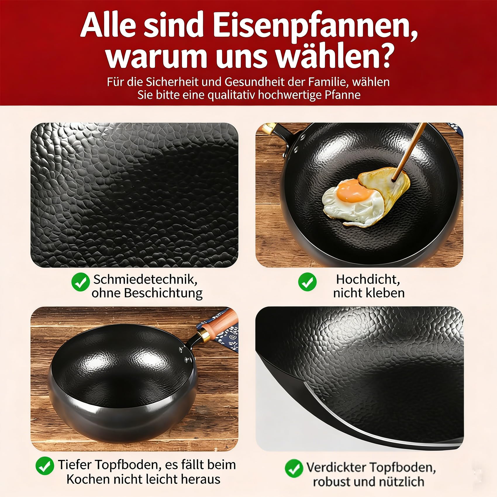 DZ'HUE Tsubame Sanjo Pfanne, Japanische Eisenpfanne, unbeschichtet, dickwandiger Eisentopf, schnell erhitzender Gusseisen-Wok, Holzgriff, geeignet für Gasherd und Induktionskochfeld (24cm)