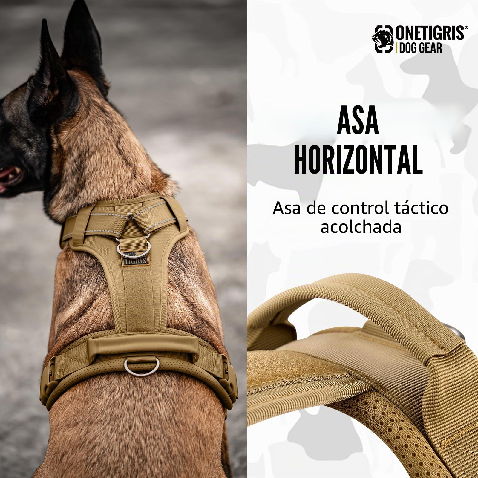 OneTigris arnés para perros, Diesel ajustable táctico acolchado suave para perros medianos y grandes con reflectante, 1 asa, 3 anillos en D (Marrón, M)