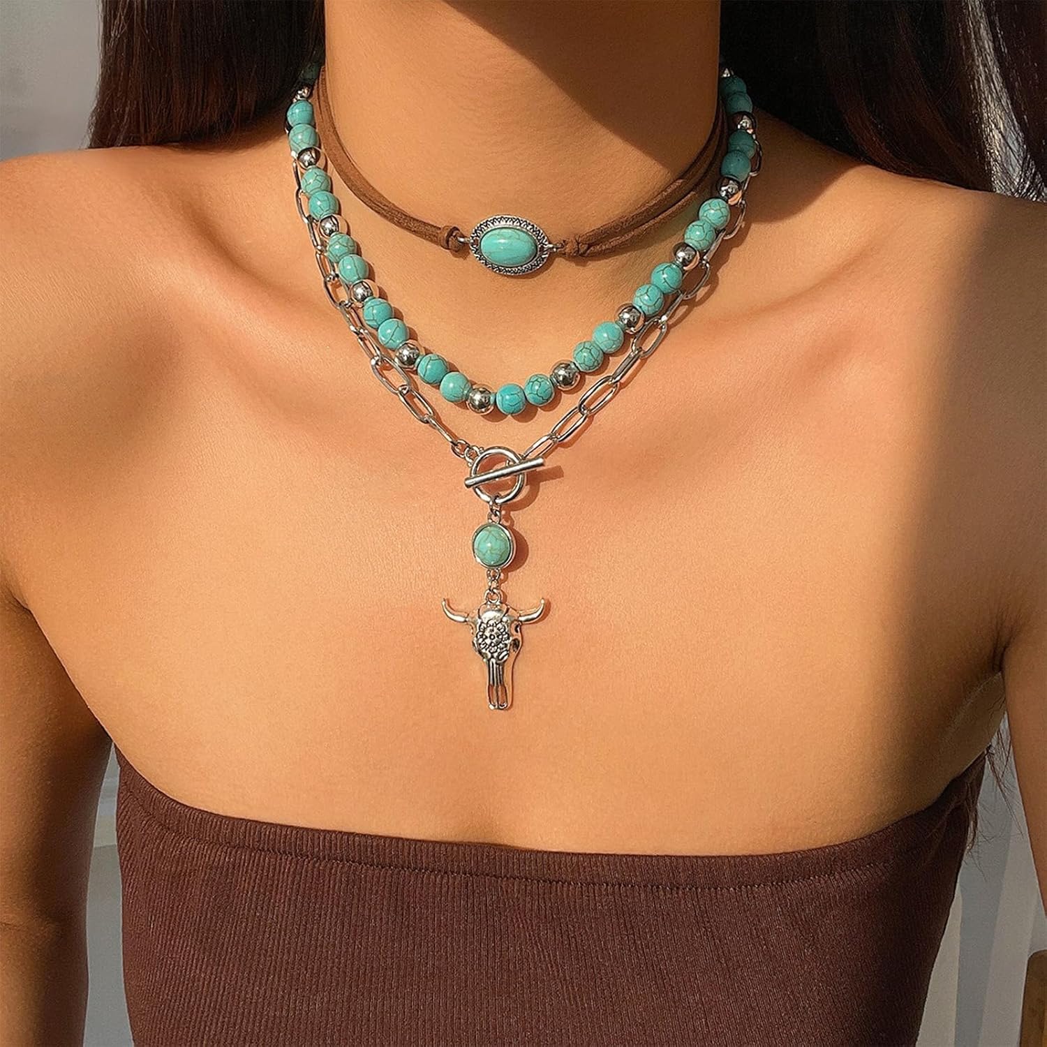 Western Necklaces for Women Turquoise Cowgirl Jewelry Layered Country Boho Necklace Country Concert Outfits Boho Dresses for Women - Image 7