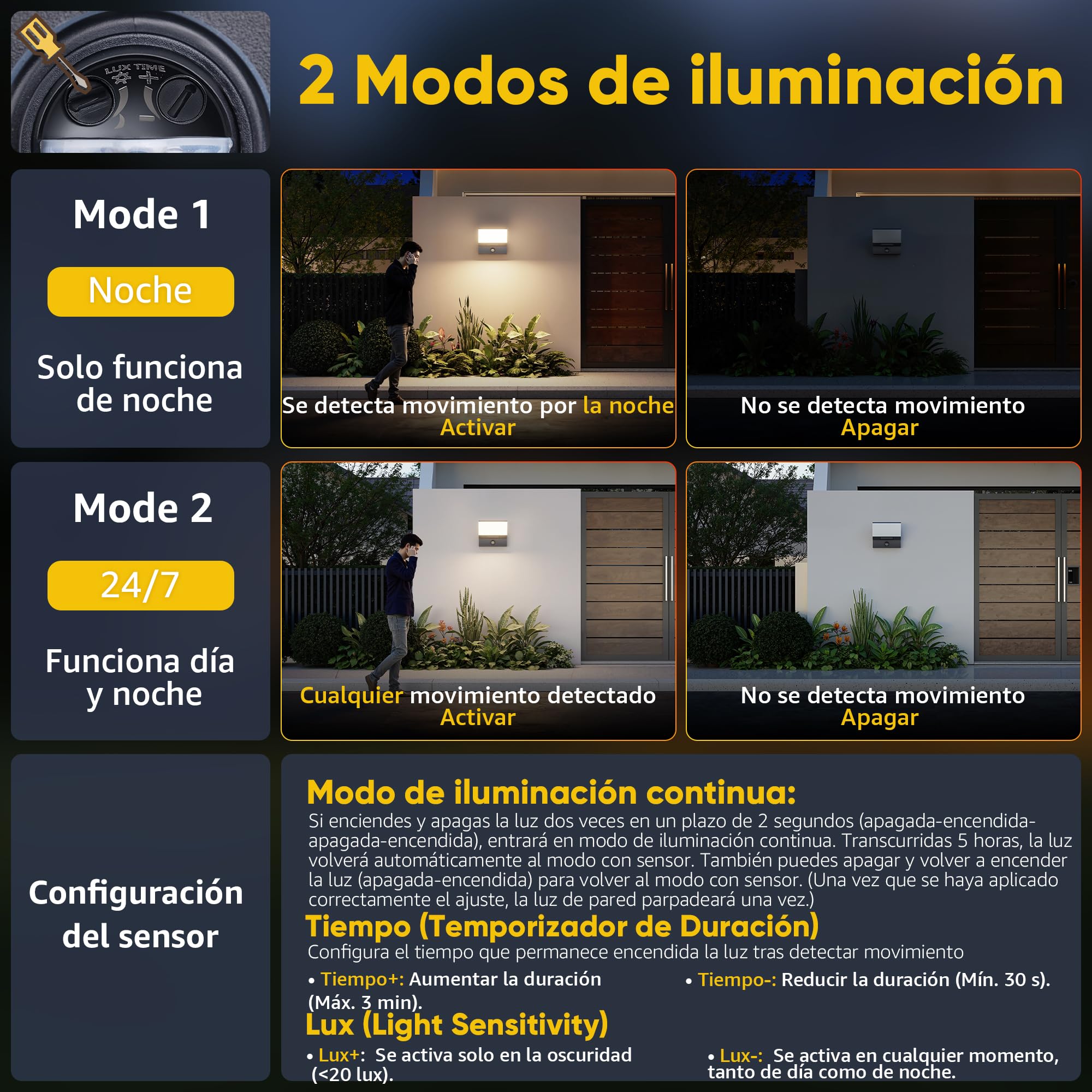 K-Bright 30W Apliques LED Exterior con Sensor de Movimiento,4000K,Antracita | Panel orientado 150°con protección IP65, Aluminio + PC, 144LED 2000lm para exteriores e interiores (entrada, terraza, jardín)