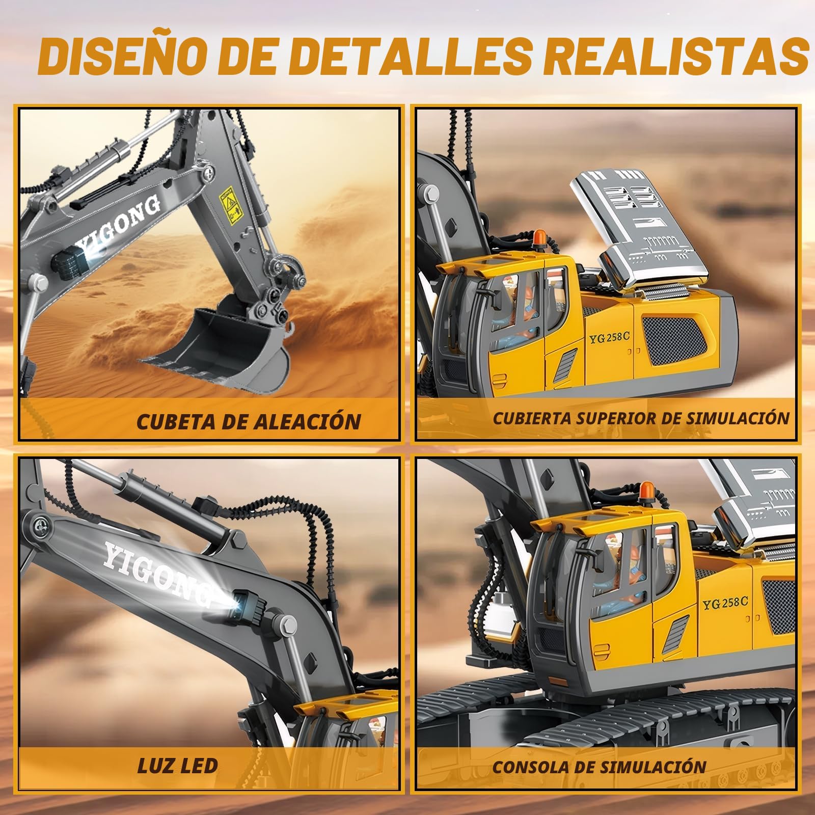 Juguete Excavadora Teledirigido, Juguete para Niños y Niñas Mayores de 3 Años, Rotación de 680°, 11 Canales, RC Recargable, Sonido y Luz, Excavadora Juguete para Niños de 6-12 años (2,4 GHz)