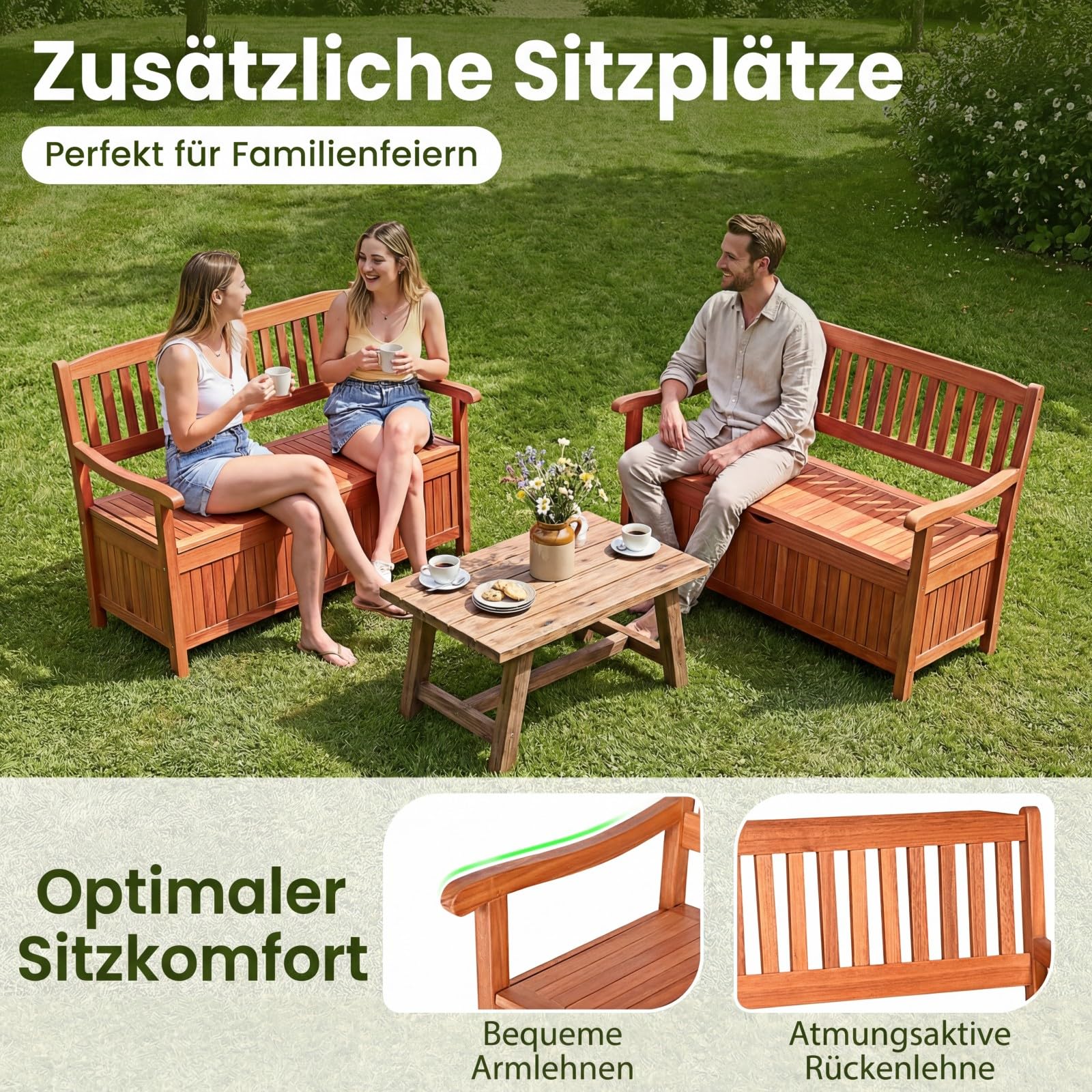 GIANTEX Gartenbank Holz mit Stauraum, Truhenbank mit Aufbewahrungsbox, 2-Sitzer Sitzbank Massivholz bis 360 kg belastbar, Terrassenbank Outdoor, Garten Holzbank mit Arm- & Rücklehne, 107x59x90cm