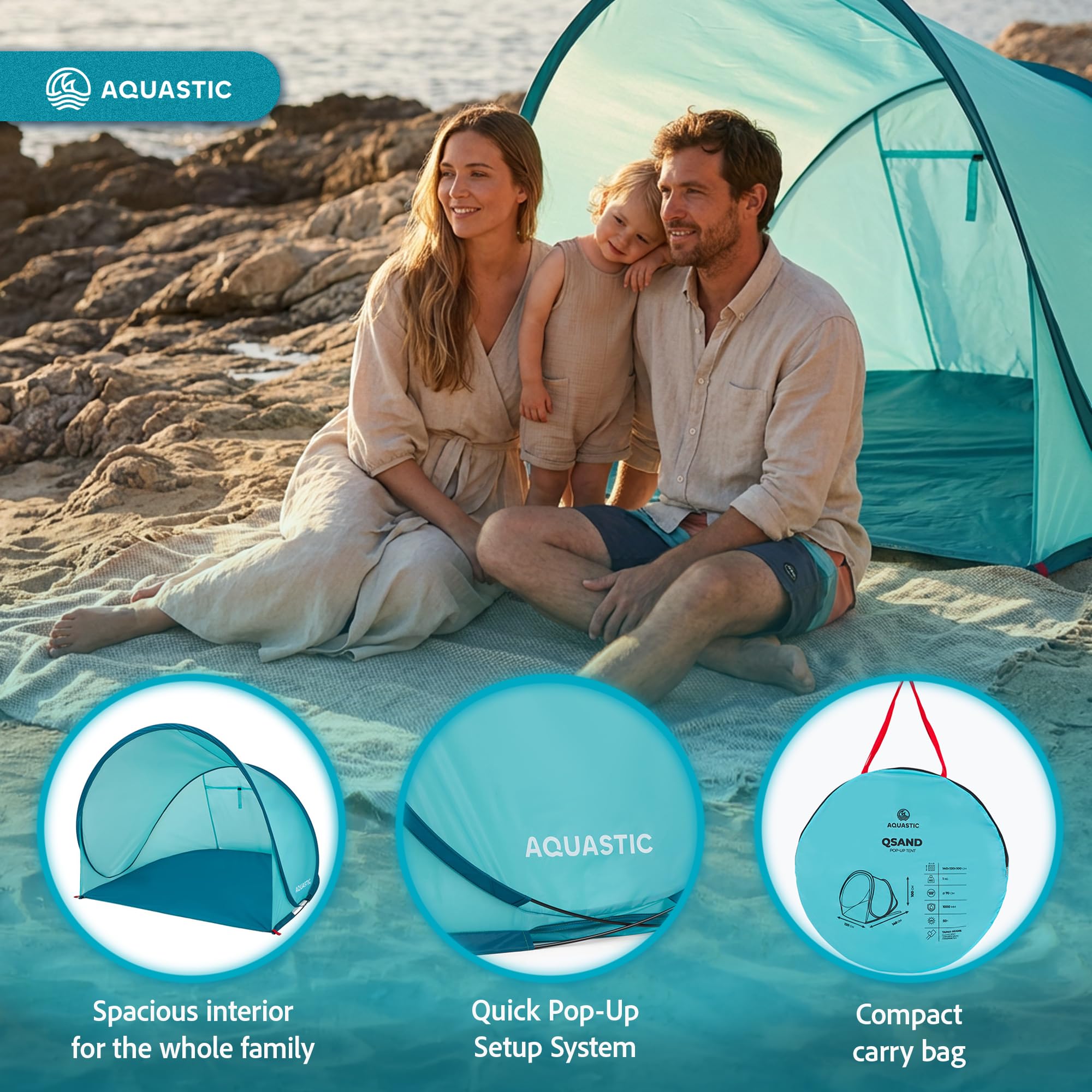 AQUASTIC Qsand Beach Tent | automatyczne rozkładanie w 3 sekundy | ochrona przed promieniowaniem UV 50+ | wodoszczelny 1000 mm | ultralekki (1 kg) i kompaktowy (70 cm) | z zamykanym wejściem | idealny