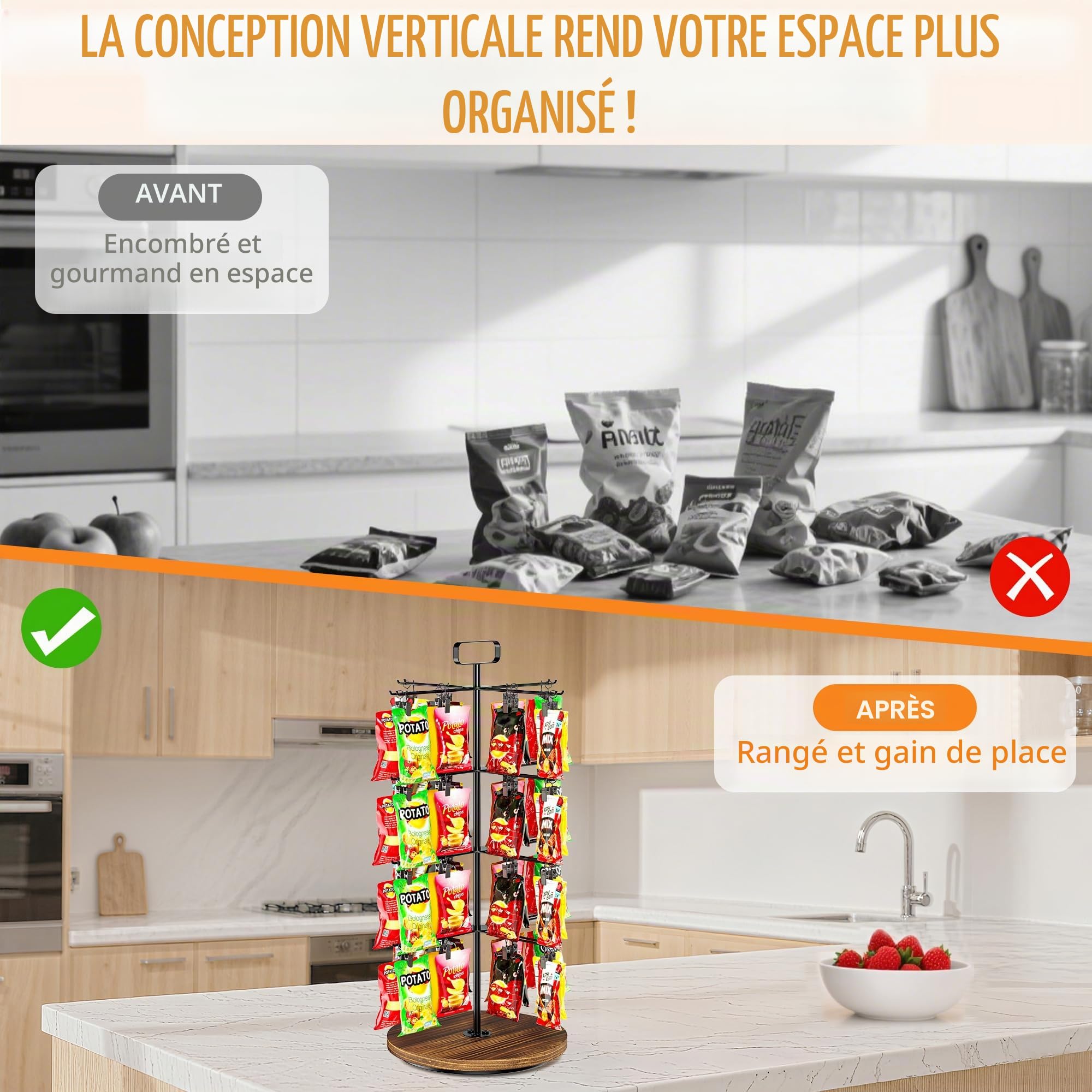 Présentoir à frites, 4 niveaux et 64 clips pour comptoir, support rotatif à 360°, présentoir à bonbons, station de rangement pour garde-manger, vente au détail, bureau (noir)