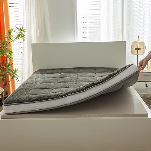 YOSHOOT Colchón de futón japonés de forro polar de invierno, tamaño matrimonial, gris, grueso, esponjoso, reversible, lanudo para invitados,