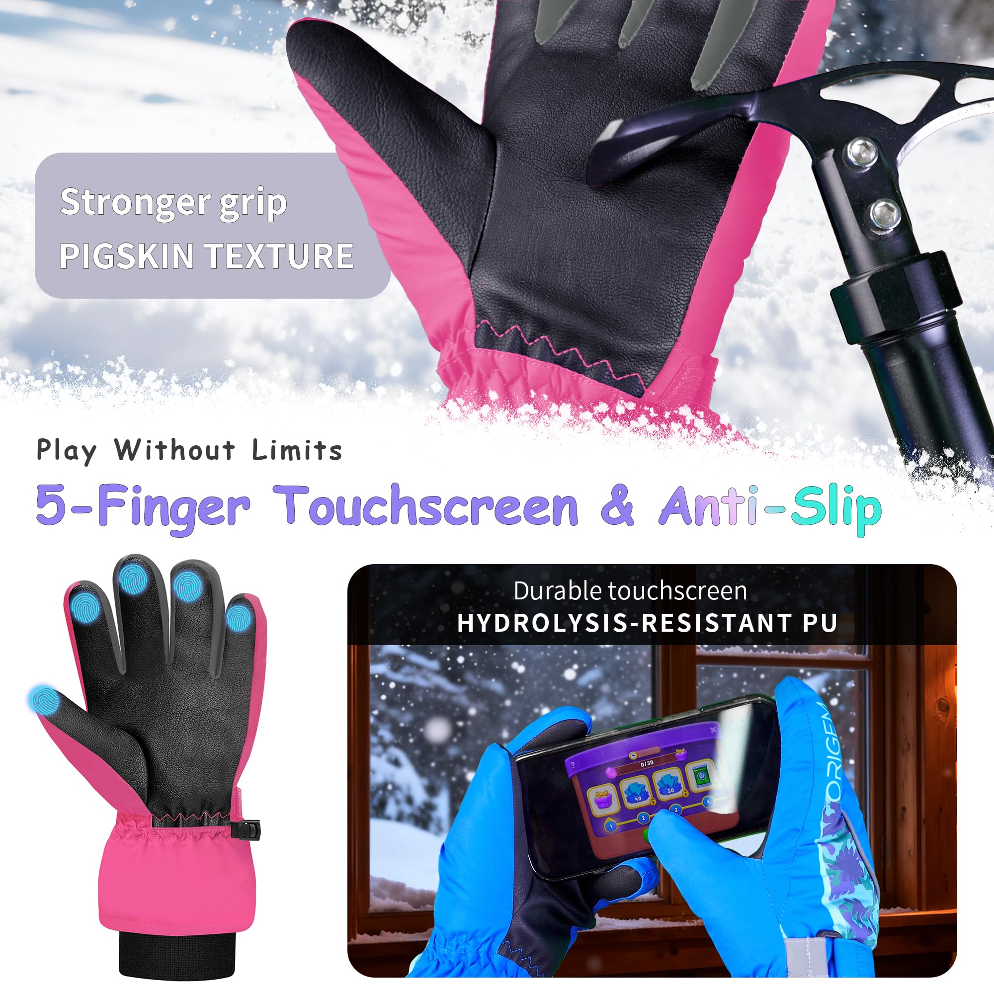 Origem Guantes de Esquí Impermeables Térmicos para Niños 4-14 Años Nieve Trineo Snowboard Patinaje