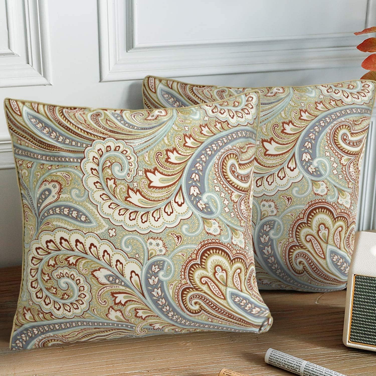 Softta Luxury Square Throw Pillowcover Colorful Paisley Khaki Bohemian Damask (2-Pack No Comforter No Filling) Decorative Pillowcases/Shams Home Soft (28x28 inch) Chic 100% Egyptian Cotton
