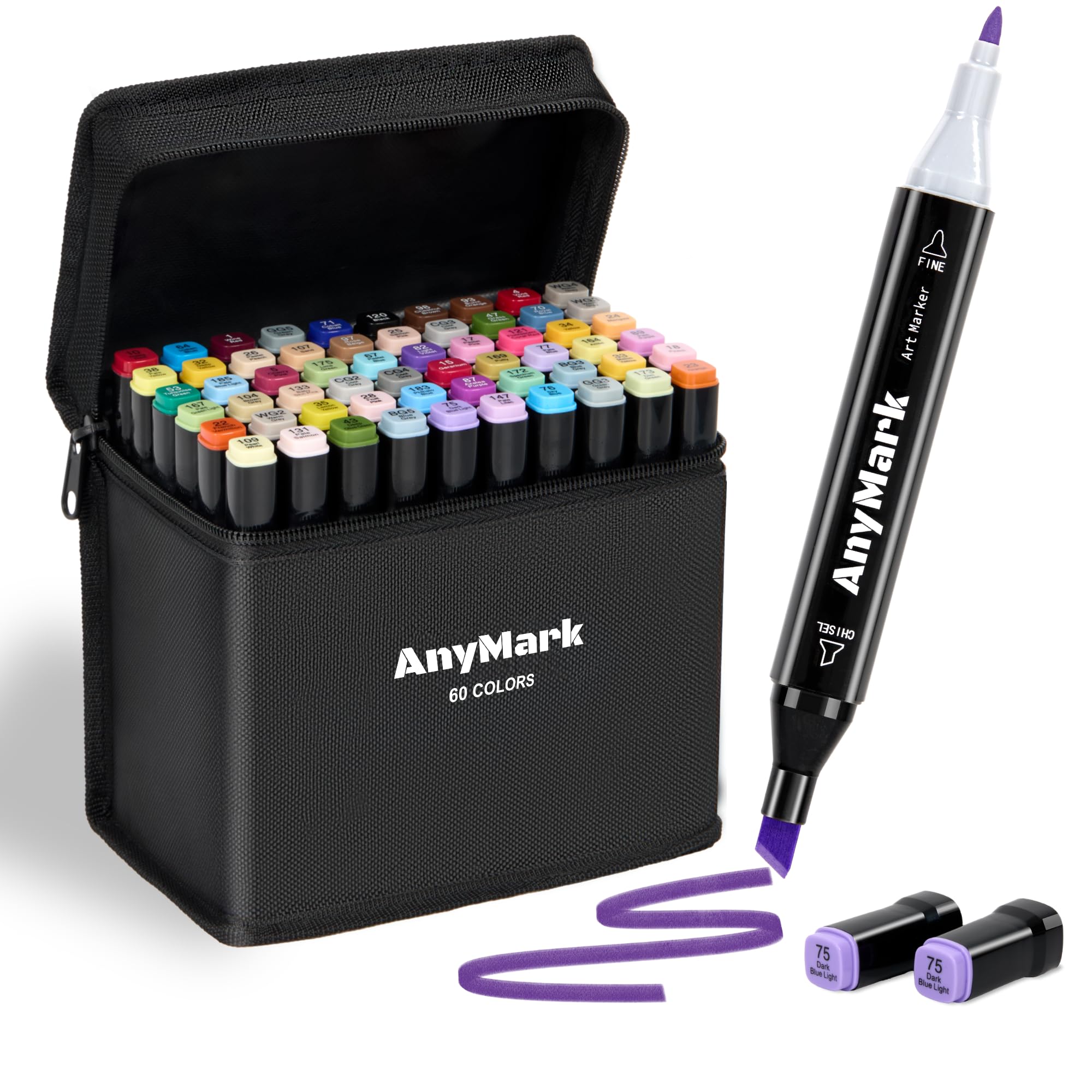 AnyMark Rotuladores de Alcohol 60 Colores, Marcadores de Arte de Doble Punta, Punta Biselada y Fina, para Colorear y Dibujar, Apto para Niños y Adultos