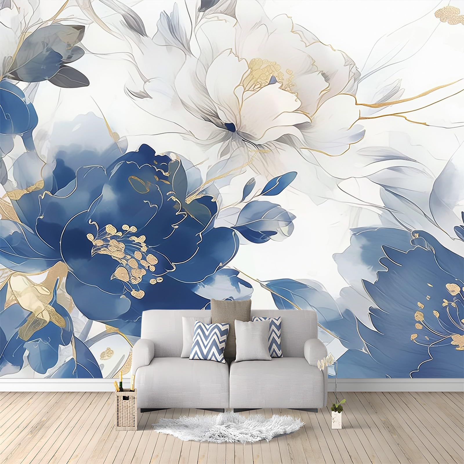 Papier Peint Mural 3D 400 x 280 cm Décoration d'intérieur Poster Chine Bleu et Blanc Porcelaine Encre Fleurs Tissus Non tissés Murale pour s Papier Peint Bleu Papier Peint Mural pour Salon