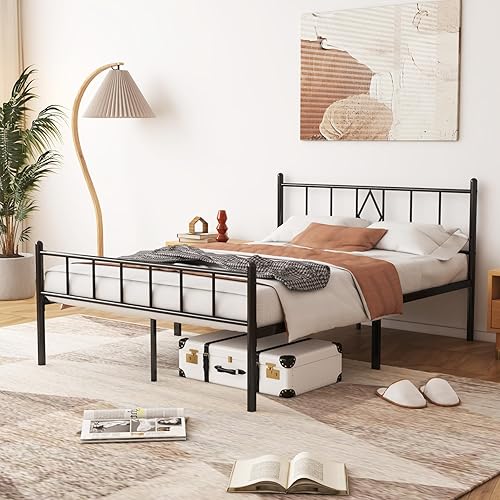 Vista 3 de Base de cama de tamaño matrimonial de 14 pulgadas con plataforma de metal con cabecero, marco de cama matrimonial resistente, no necesita somier