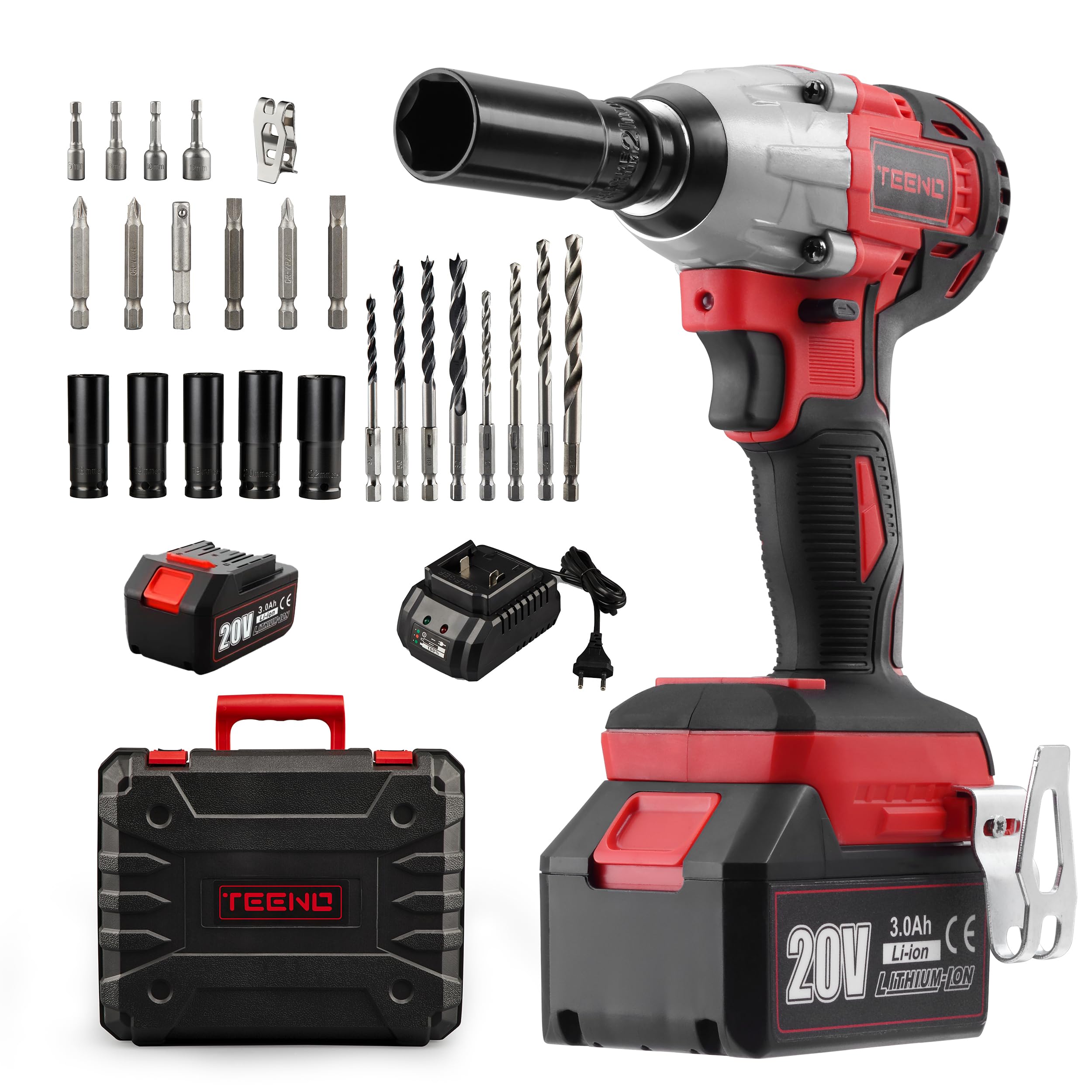 TEENO clé à choc sans fil, moteur sans balais amélioré, batterie lithium | Fort couple 320Nm, une seule batterie rapide 3.0Ah, coffret et 25 accessoires, adapté aux autos et meubles