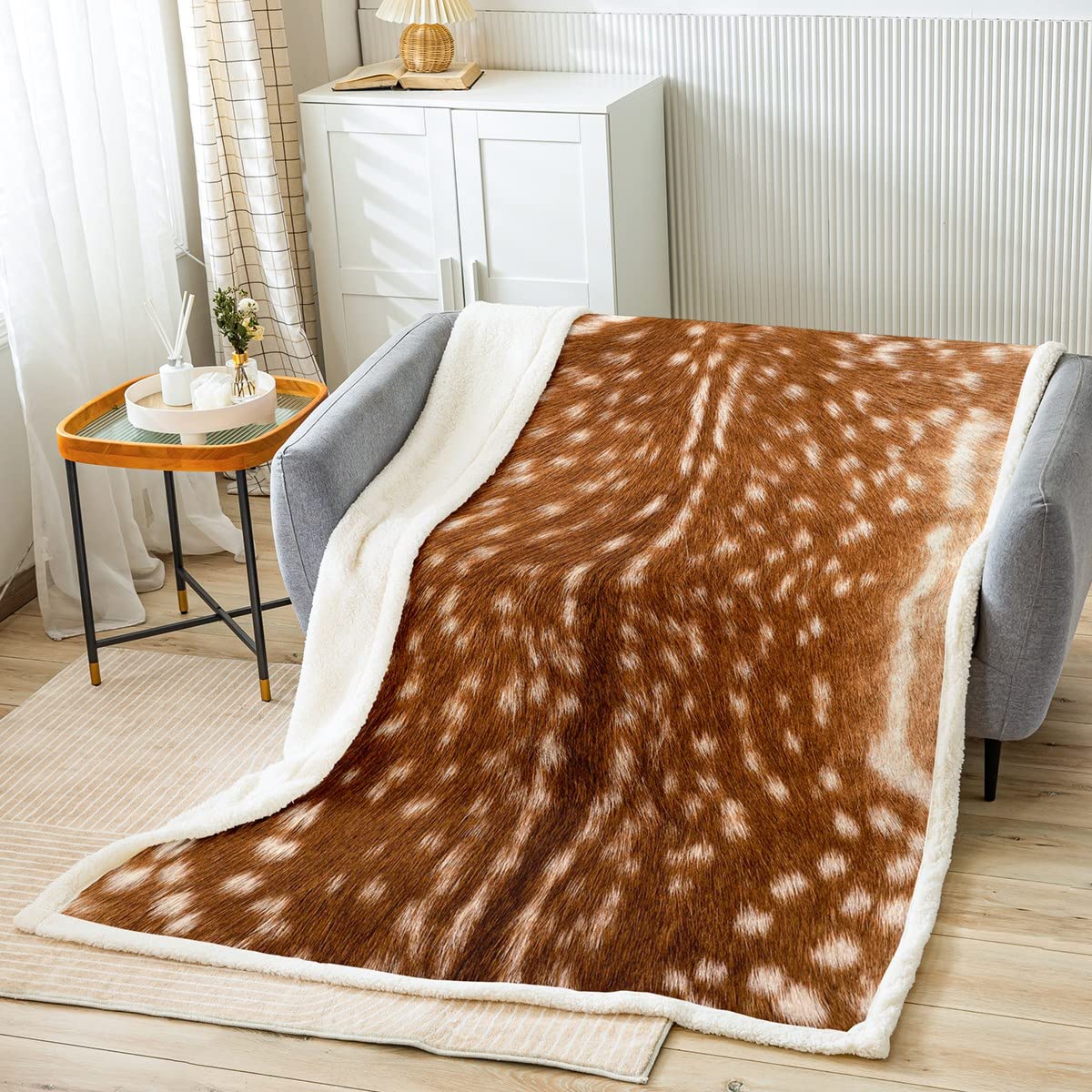 (Not Real Fur) Deer Hunting Fleece Blanket Throw 50"X60",Orange Brown Deer Hide Pattern Throw Sherpa Blanket Simulated Animal Fur Printed,Soft Lightweight Blankets for Bed Couch,Photograph StyleOEKO-TEX STANDARD 100