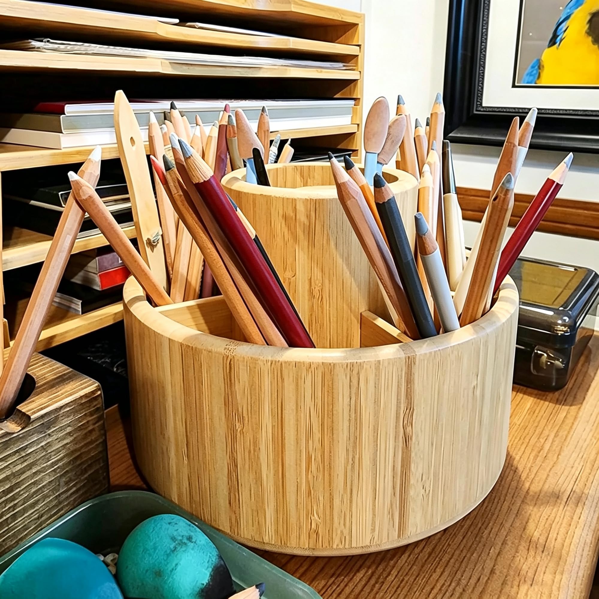 VaeFae Porte-Stylo en Bambou, Organiseur de Bureau 7 Compartiments, Grande Capacité 350 Crayons, Rangement Fournitures Scolaires et Dessin, Idéal pour Étudiants, Bureau, Classe et Artistes