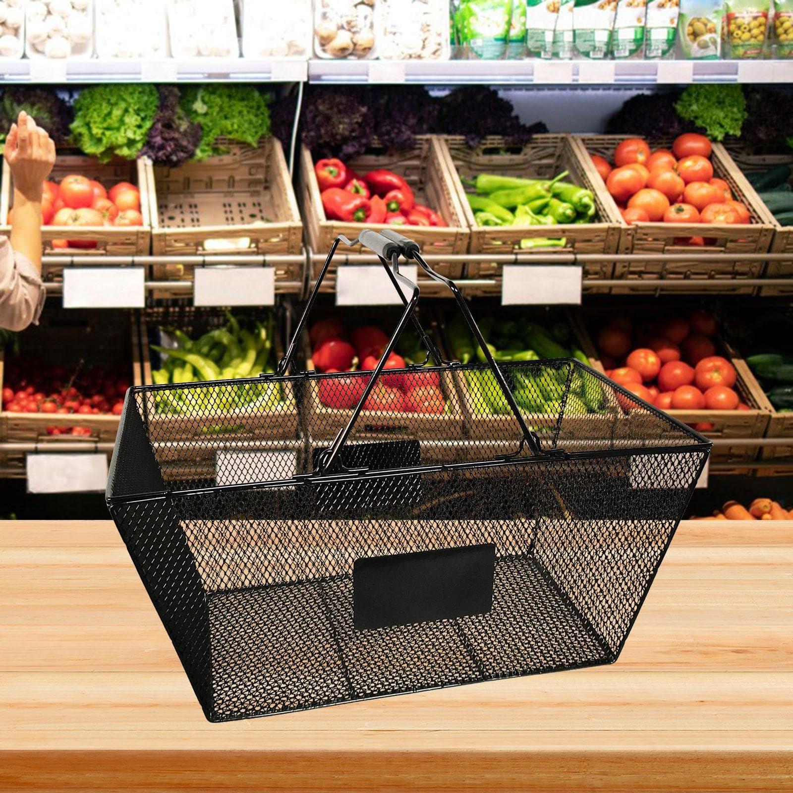Cesta de Compras Metálica con Asas de Alambre Canasta Portátil para Supermercado Organizador Decorativo de Mano para Tienda Rejilla Resistente para, Negro, Individual