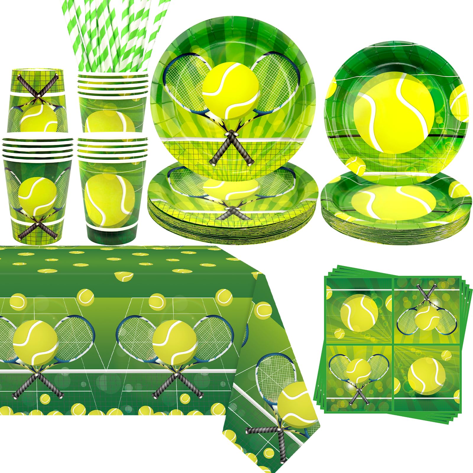 Obussgar Tennis Party Decoration - Tennis Birthday Party Tableware Supplies Includes Plates, Cups, Napkins, Tablecloth, Straws - Serves 20