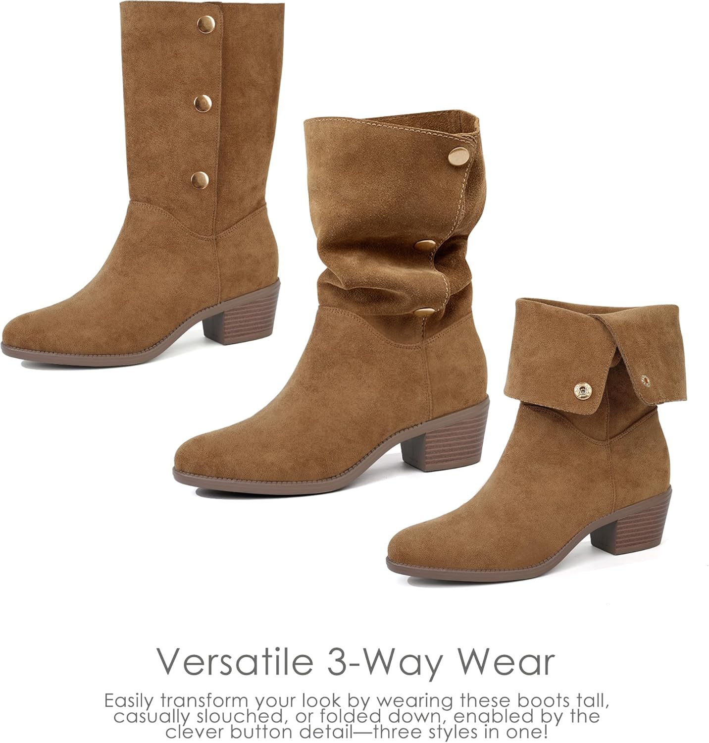 starmerx Womens Suede Mid Calf Boots 3 Way Fold Over Style Chunky Block Heel Booties Fall Winter - Image 4