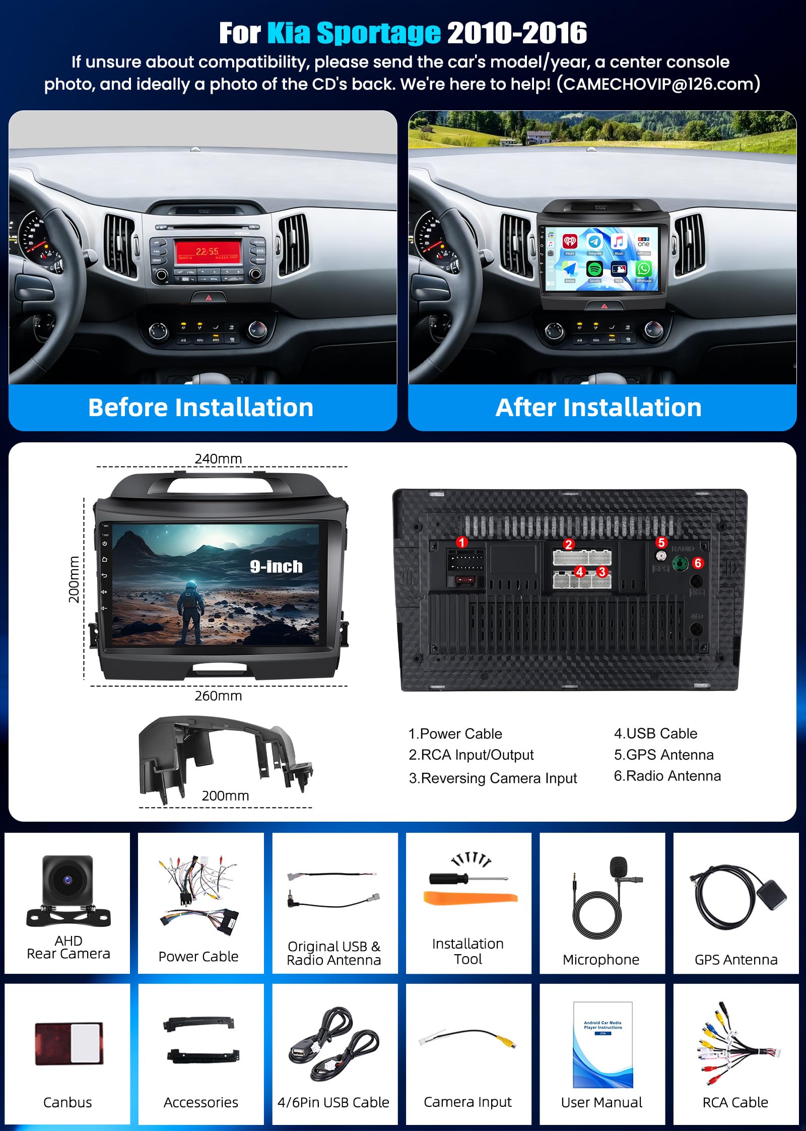 CAMECHO 8-rdzeniowy odtwarzacz samochodowy z Androidem 15 4+64 GB do Kia Sportage III (2010–2016) z CarPlay DSP nawigacją GPS ekranem dotykowym 9″ Bluetooth WiFi FM/RDS 32EQ MirrorLink