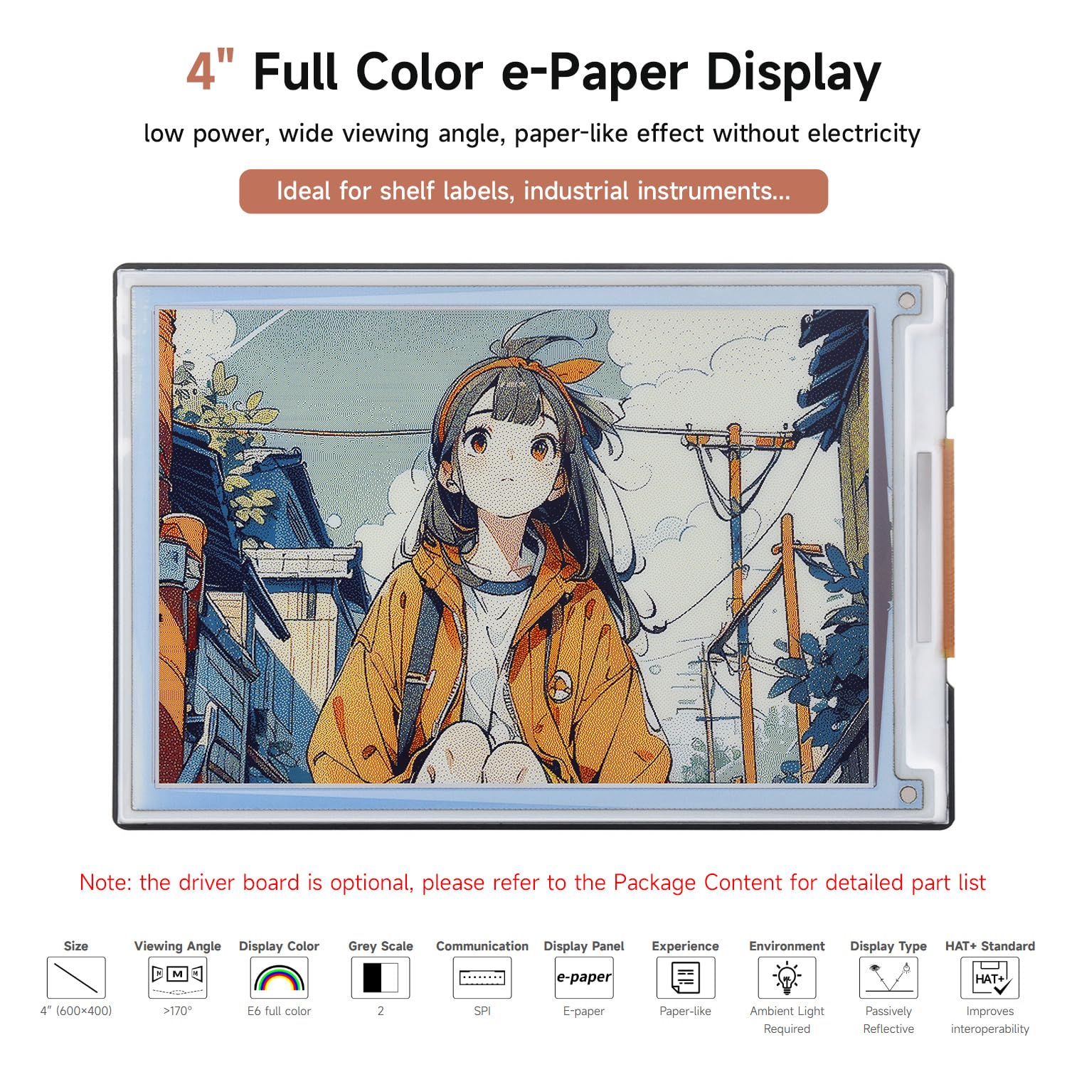 Waveshare 4inch e-Paper E6(Spectra 6) Full-Color Supports Hat+Standard e-Ink Screen Module 600 x 400 Pixels SPI Communication, Low Power Consumption, Wide Viewing Angle