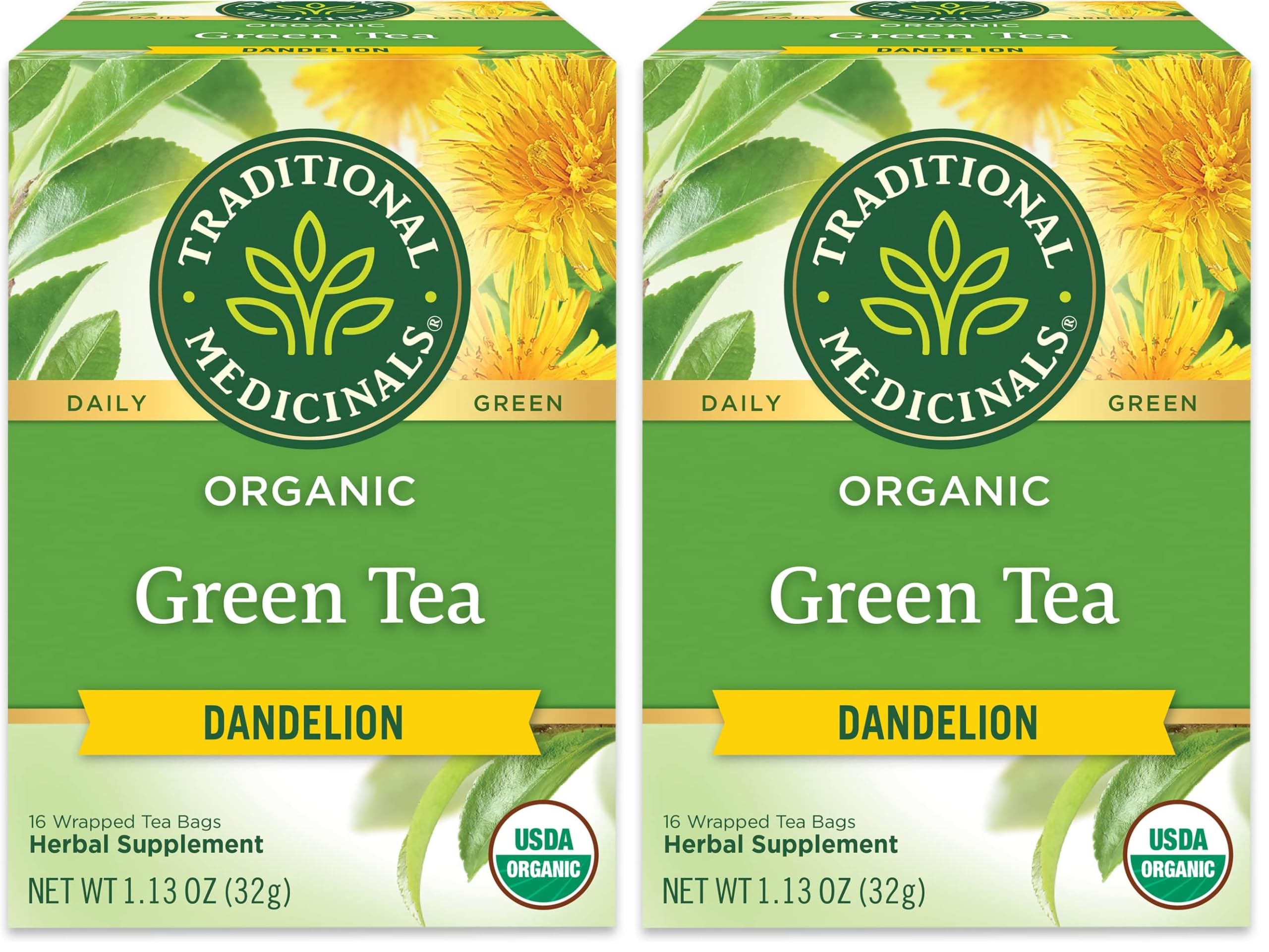 Traditional Medicinals Tea, Organic Green Tea Dandelion, Liver Support, 16 Tea Bags (Pack of 2)