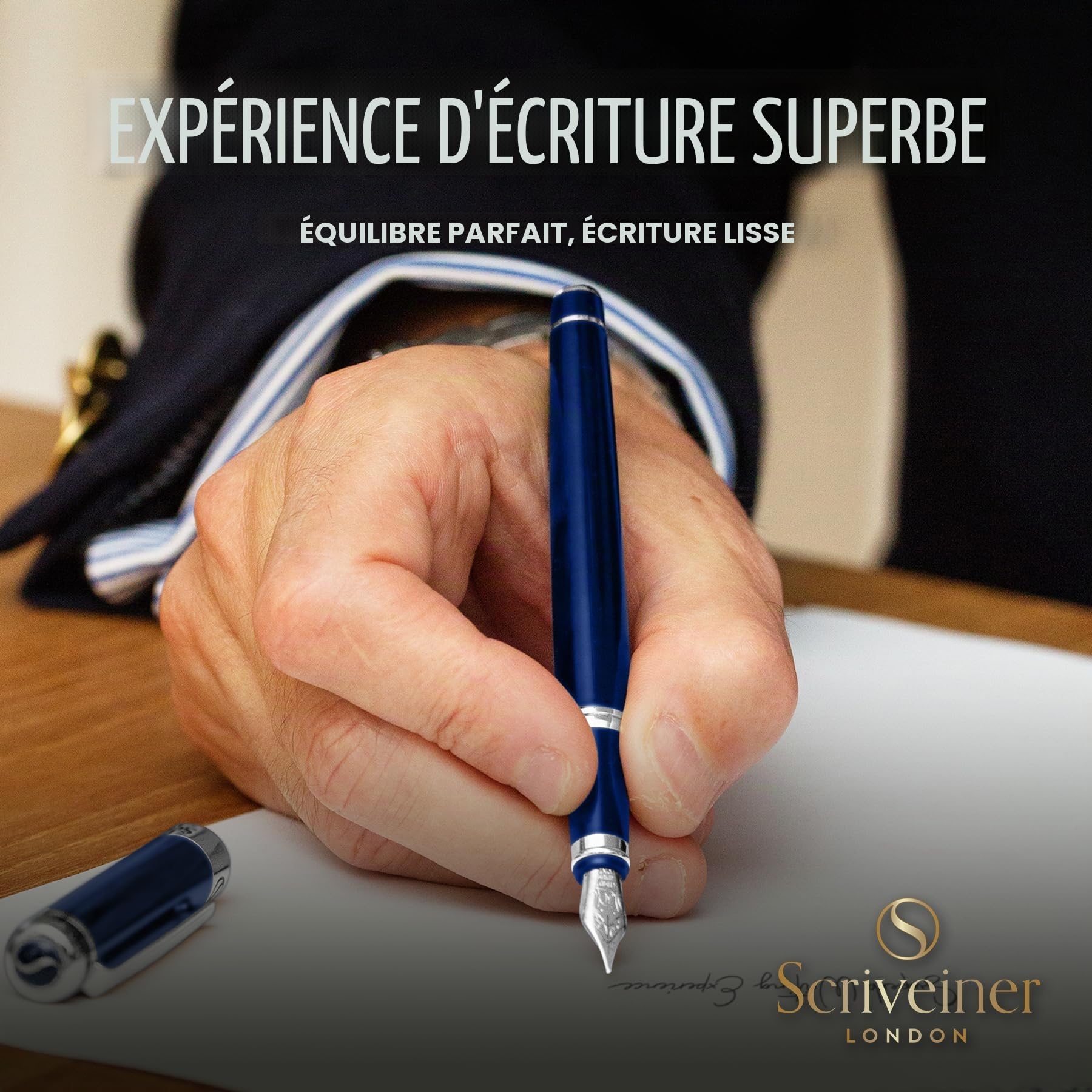 Scriveiner Stylo Plume Midnight Blue – Superbe Stylo avec Finition chromée, Plume Schmidt (Moyenne), Coffret Idéal pour Homme et Femme, Professionnel, Directeur, Bureau, Beau Stylo