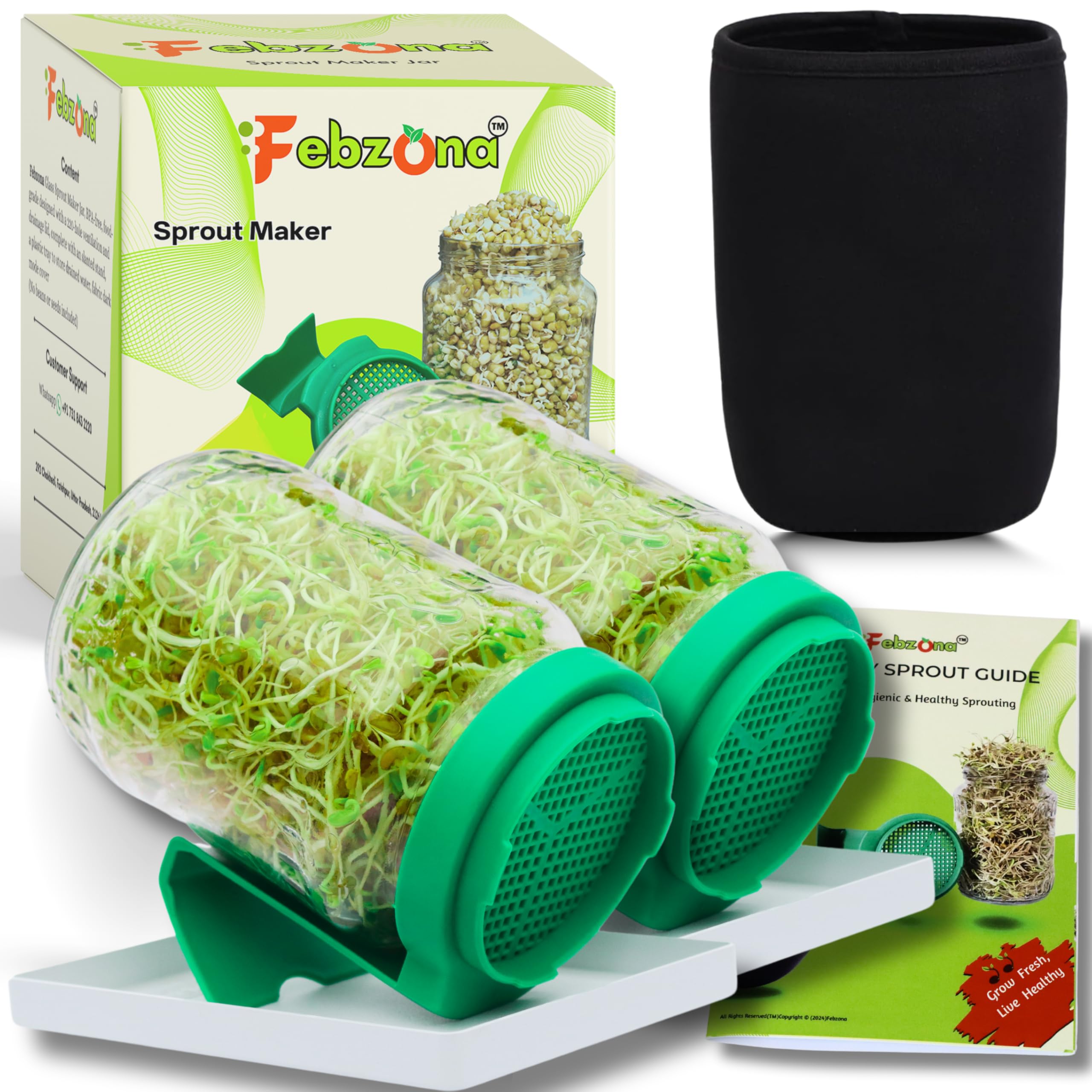 FEBZONA Sprout Maker Sprout Jars Sprouts Maker Jar Sprout Sprouting Jar Sprout Maker Glass Sprouts Jar Design Is Registered In IP India (GREEN, PACK OF TWO), 720 ml