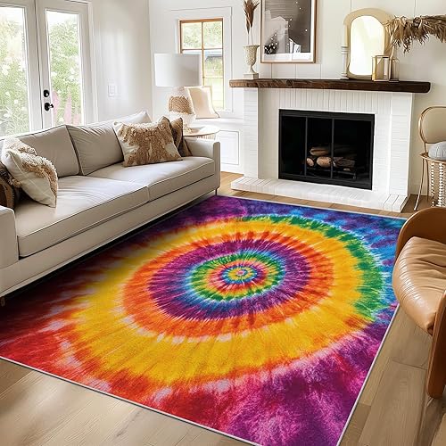 Orange Yellow Purple Tie Dye Rugs for Living Room 5x7, Hippie Rainbow Bedroom Carpet, 70S Retro Groovy Pattern Design Area Rug, Washable Non Slip