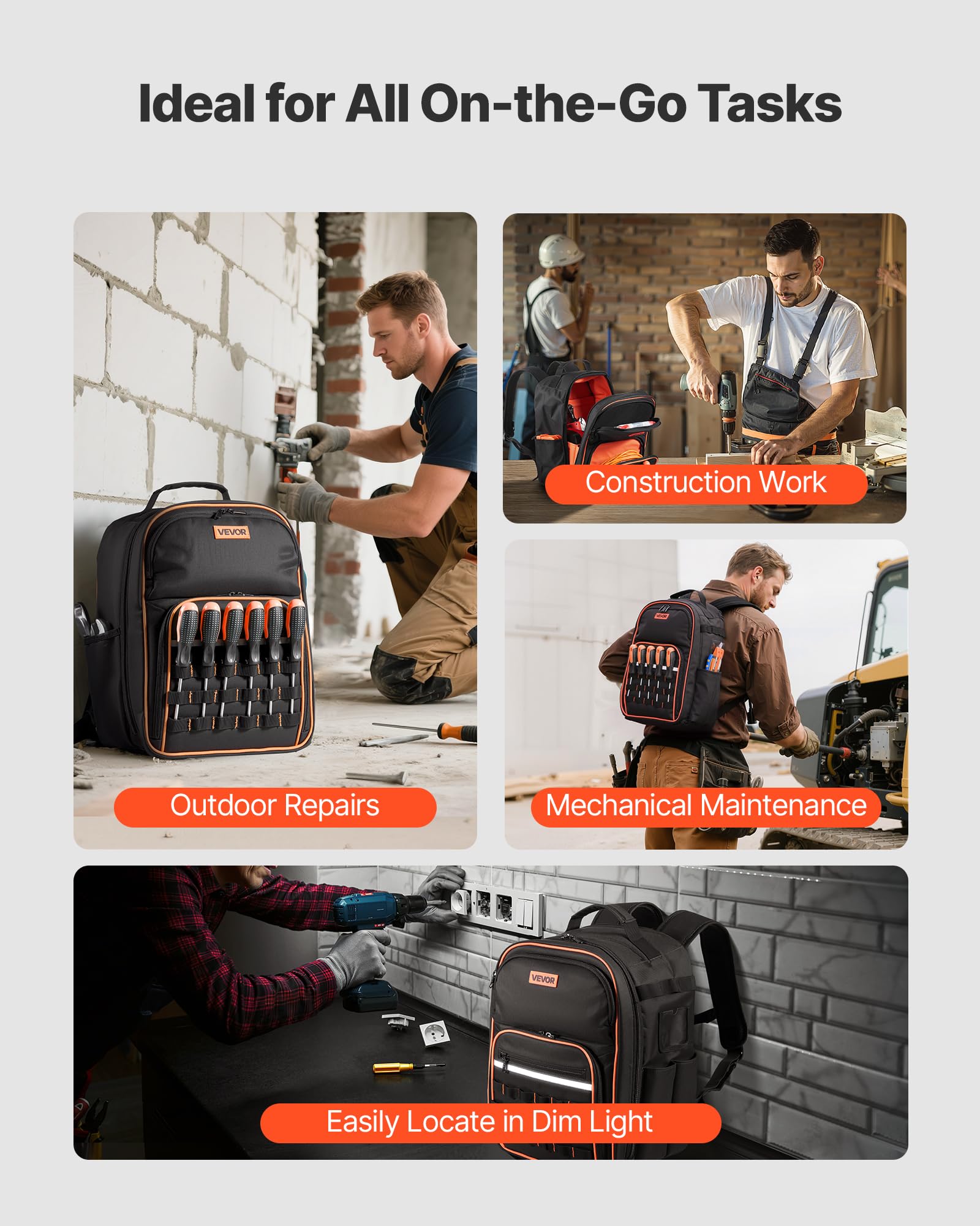 VEVOR Zaino Portautensili, 49 Tasche, Organizzatore per Attrezzi Pesanti, Zaino da Lavoro con Scomparto per Laptop e Base in Tessuto, Borsa da Cantiere per Elettricisti, Riparatori e Tecnici HVAC