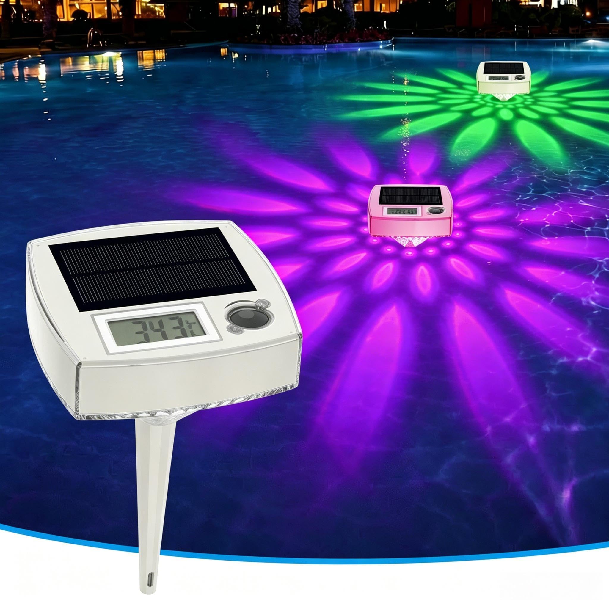 Solar Pool Thermometer Digital, IP68 wasserdicht – Schwimmend,RGB-Nachtlicht,Großer LCD-Display, Tag/Nacht-Sensor,8 Lichtmodi,Manuelle Steuerung,für Schwimmbecken,Spa,Teich