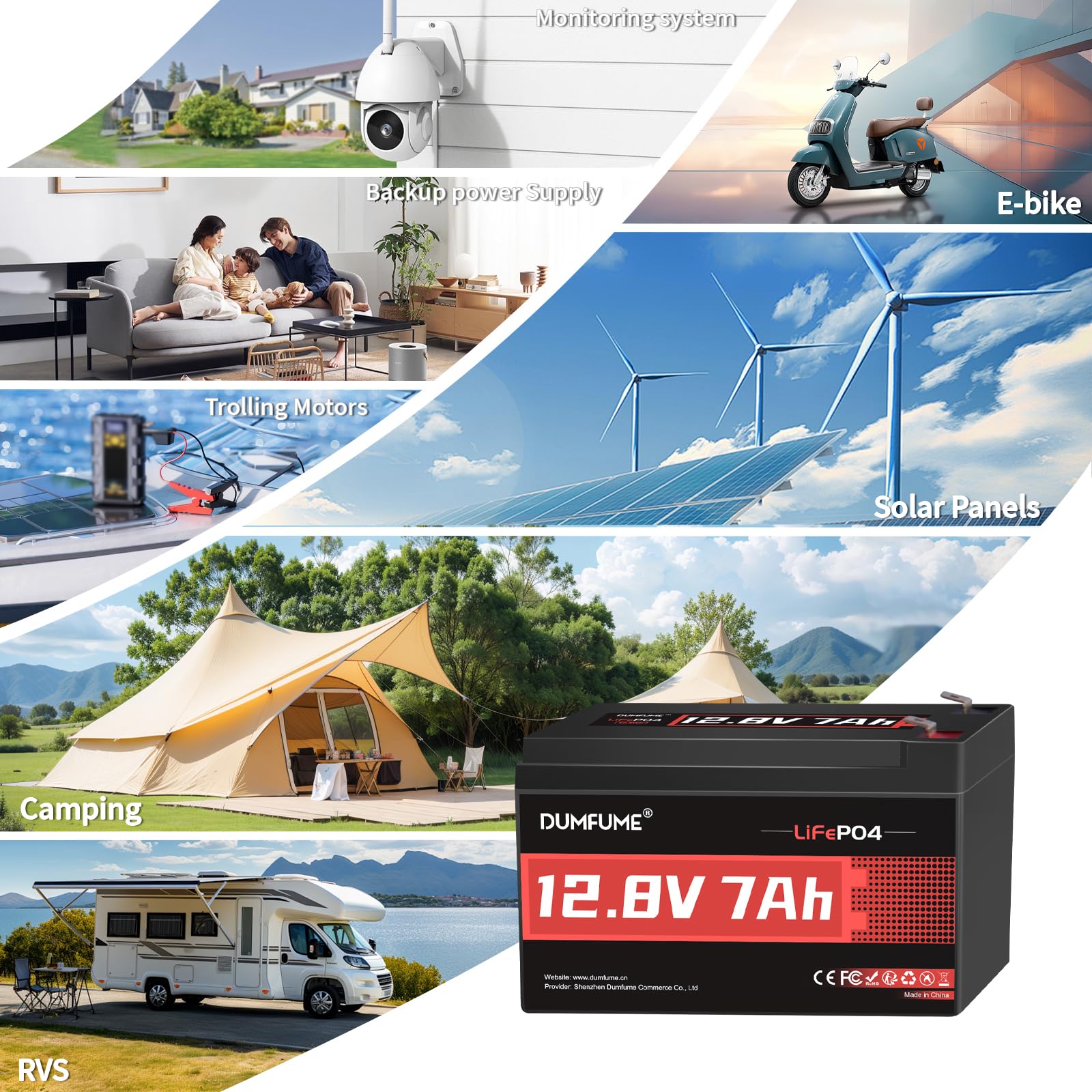 Dumfume Batteria LiFePO4 al Litio 12V 7Ah – 15.000+ Cicli, BMS 7A Integrato, 86,9W Per Piccoli Inverter, Rilevatori di Pesci, Illuminazione Solare, Campeggio