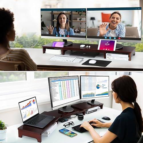 Miniatura 2 de Nnewvante Soporte elevador grande para monitor doble, soporte de monitor de bambú de 60 pulgadas con longitud y ángulo ajustables, 3 estantes