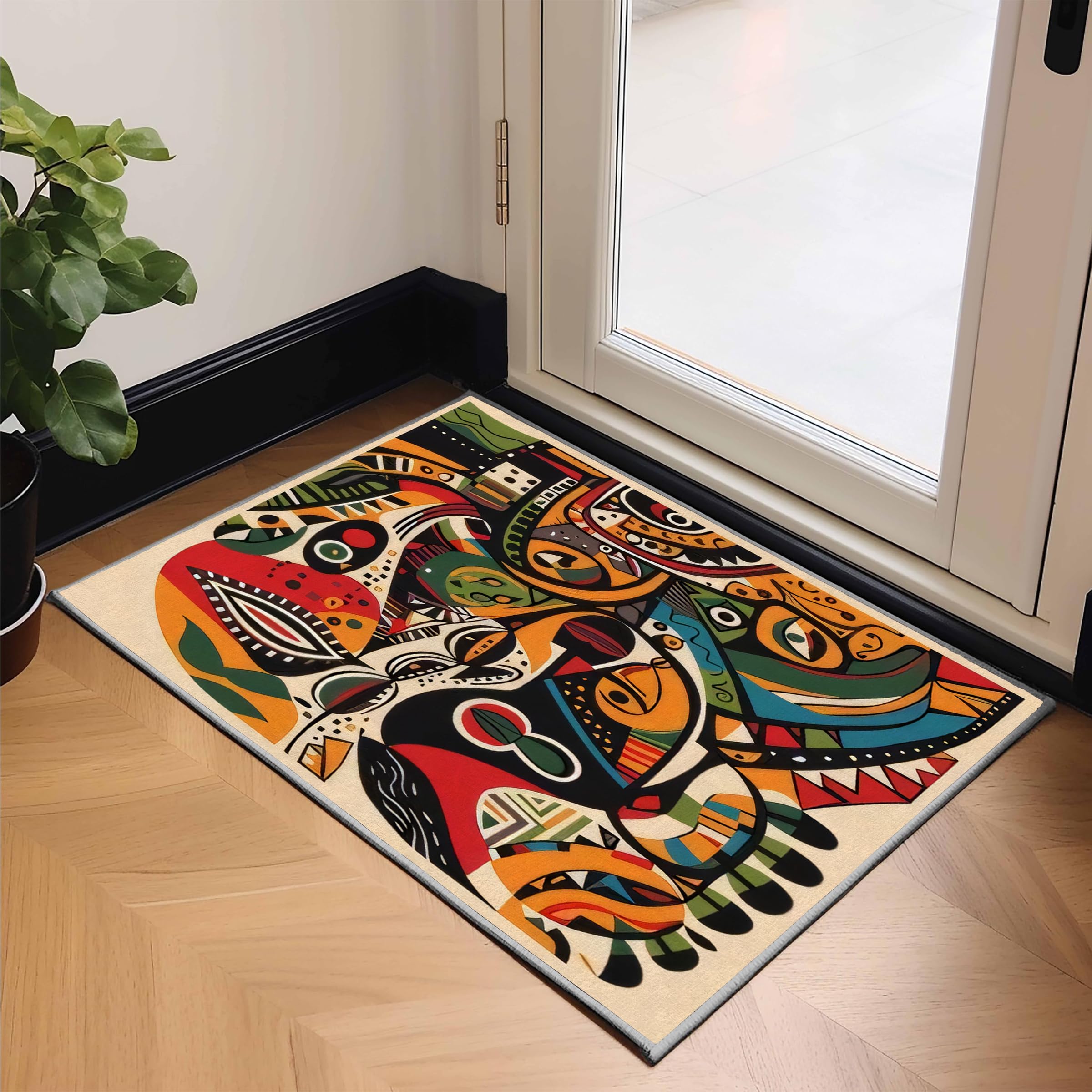 Amazon | アフリカの芸術 ラグマット 180x180 正方形 伝統的な抽象化柄