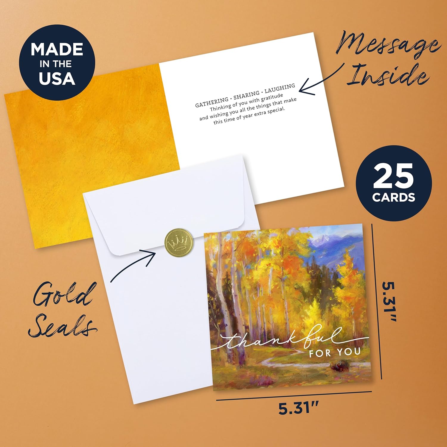 Hallmark Thanksgiving Cards for Clients & Customers – 25 Pack Square Greeting Cards with Envelopes & Gold Seals – “Grateful for You” Yellow Forest Design – Appreciation Cards for Business Relationships