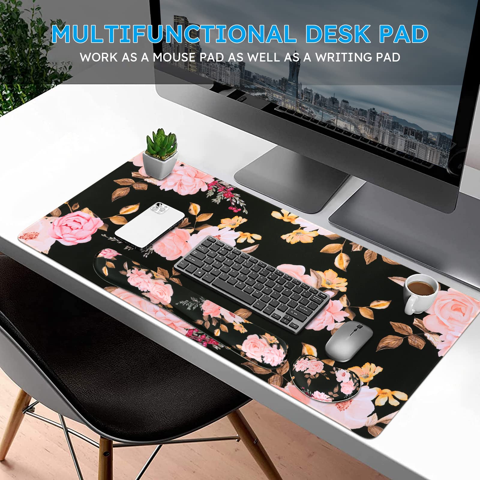 iCasso Lot de 3 tapis de souris pour clavier, tapis de souris de jeu étendu + repose-poignet pour clavier, mousse à mémoire de forme, soulagement de la douleur à la saisie facile, grand tapis de