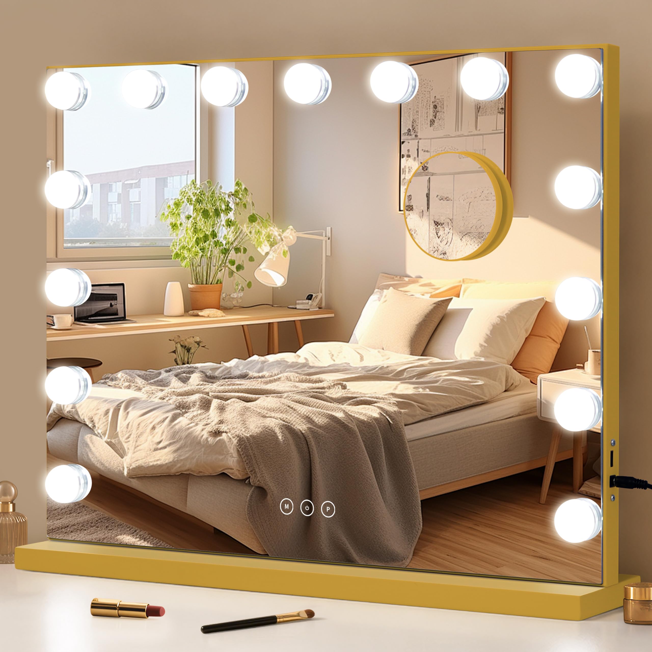 Vanity Mirror with Lights Lighted Makeup Mirror with Dimmable LED Bulbs,3 Color Lighting Modes,USB Charging Port Touch Control,Sturdy Metal Frame Design (Gold, 22.8 * 18.9inch)