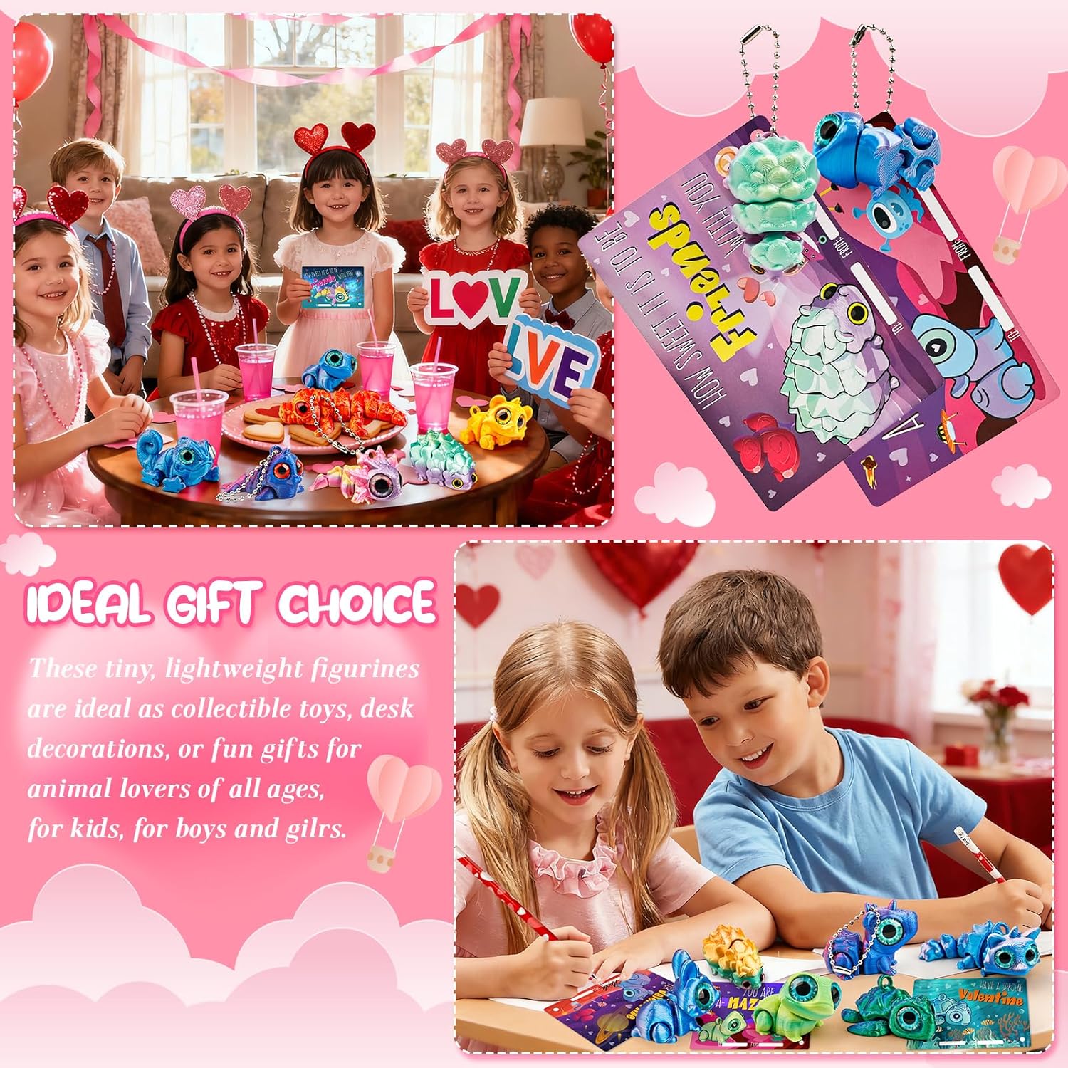 Valentines Day Gifts for Kids, 24 Pack Mini 3D Printed Animal Figurines with Valentines Cards for Kids Articulated Flexible Exchange Gifts for Boys Girls School Classroom Party Favors Prizes Treats