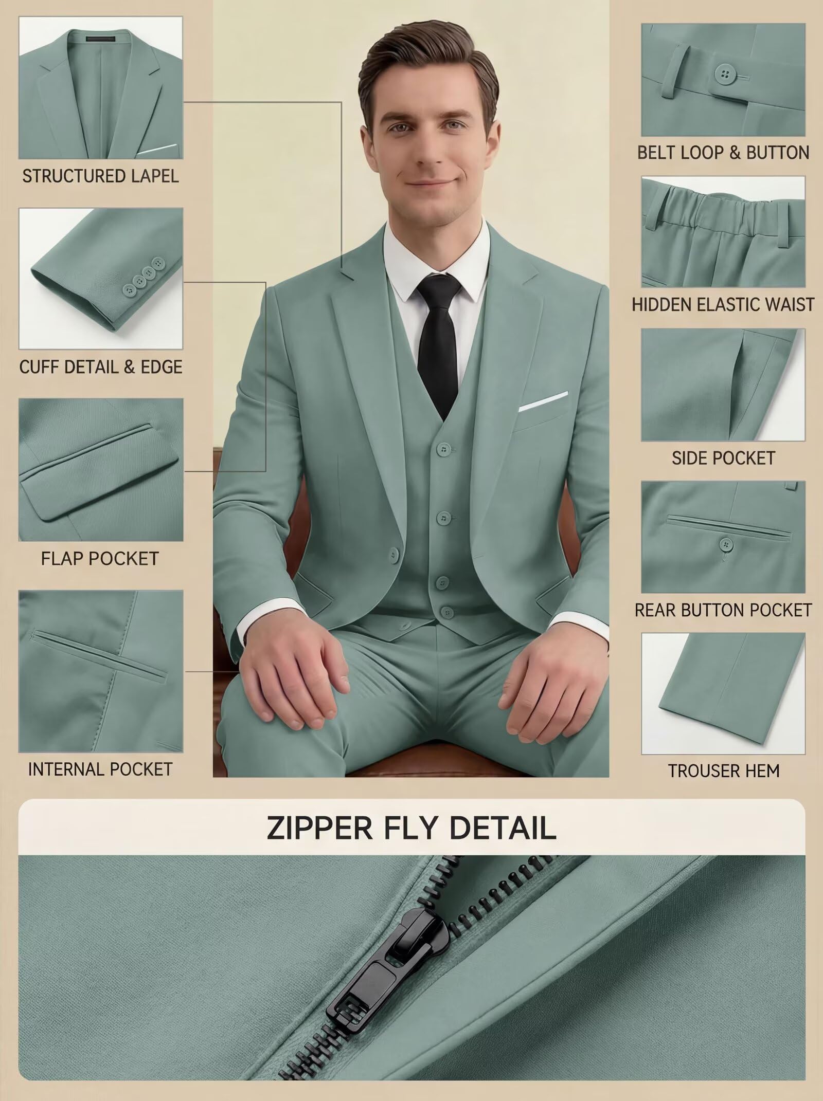 HUUTOE Trajes de 3 piezas para hombre, ajuste delgado, trajes de graduación para hombre, vestido de boda, traje de verano, chaqueta, chaleco, pantalones, esmoquin