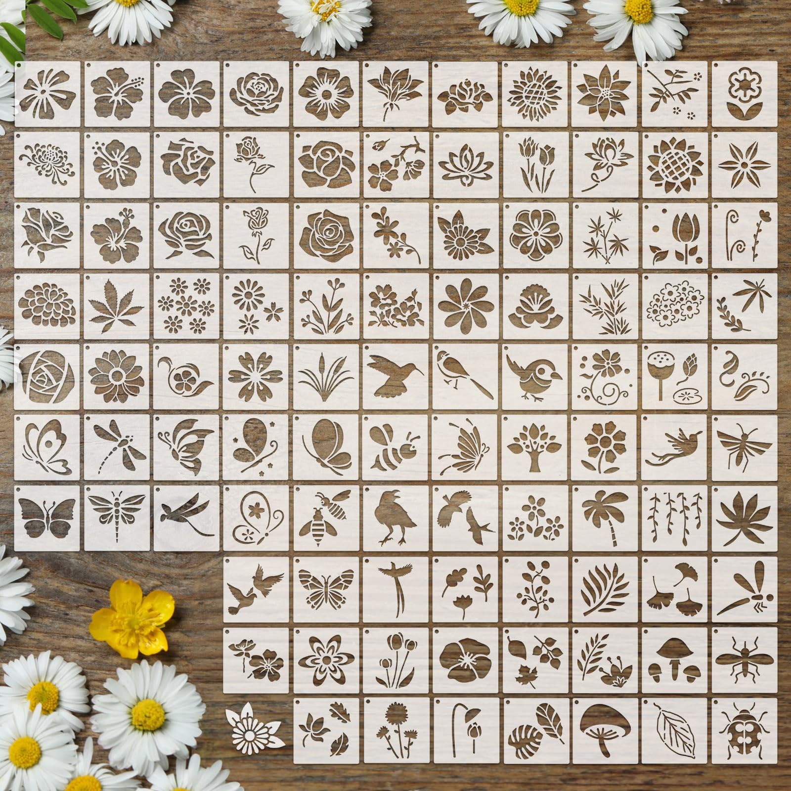 100 Pcs Small Stencils for Crafts, 2 Inch Reusable Cute Stencils for Painting on Wood DIY Craft for Drawing Templates Wall Home Decor Canvas Fabric (Flowers)