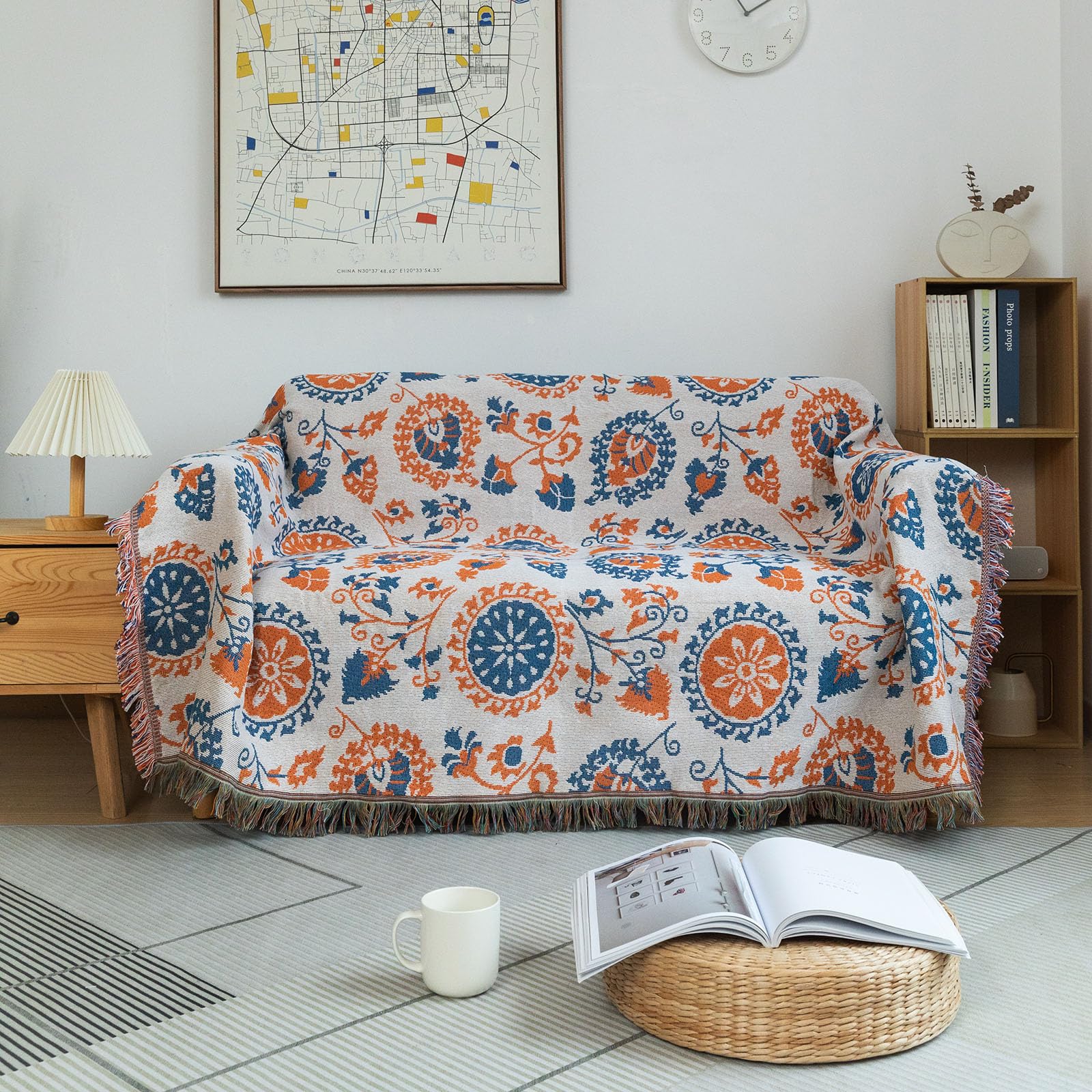 DREAMINGO Boho Couch Cover Blue Orange Sofa Covers for 3 Cushion Couch Sectional Couch Protector Farmhouse Furniture Cover for Dog Woven Couch Cover Blanket Sofa Throw (XX-Large,71"x150") โ image 1