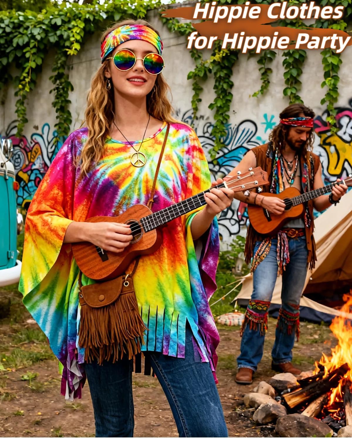 Womens Hippie Costume Clothes 70s Outfits Tie Dye Poncho with Accessories Fringe Crossbody Bag Sunglasses Necklace - Image 2
