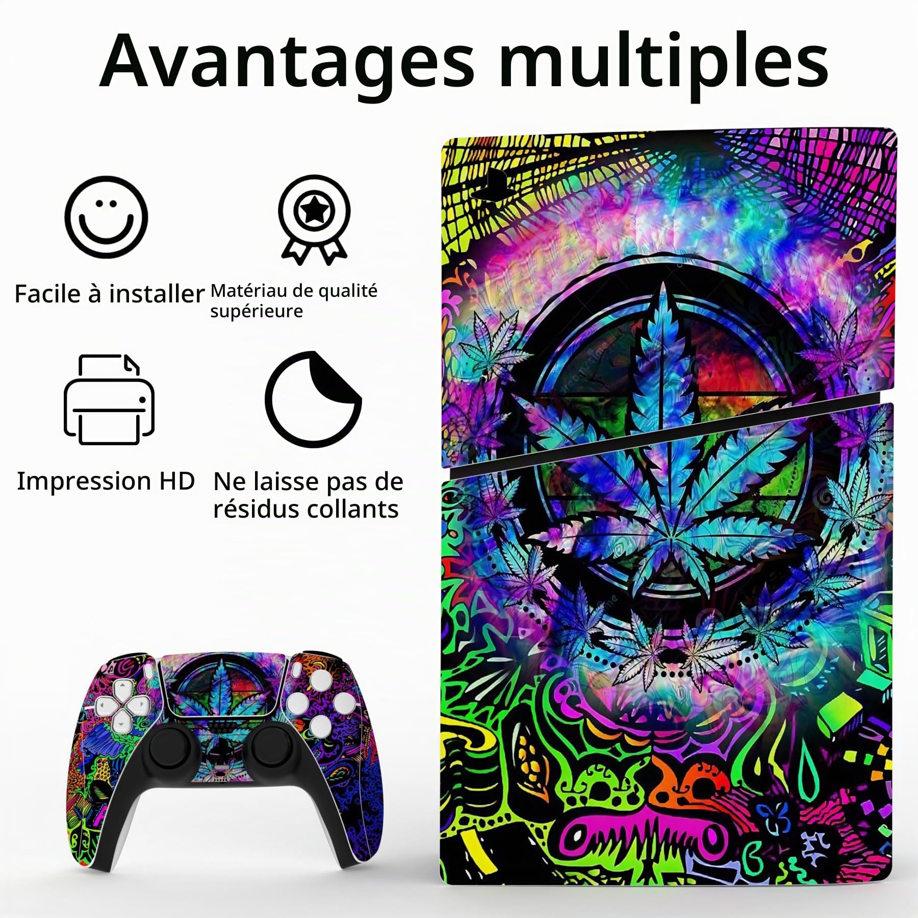 playvital Autocollant Protection pour ps5 Slim Standard Console, Sticker Skin pour ps5 Manette & Télécommande & Casque & Station de Charge,Disc Edition-Feuille Psychédélique