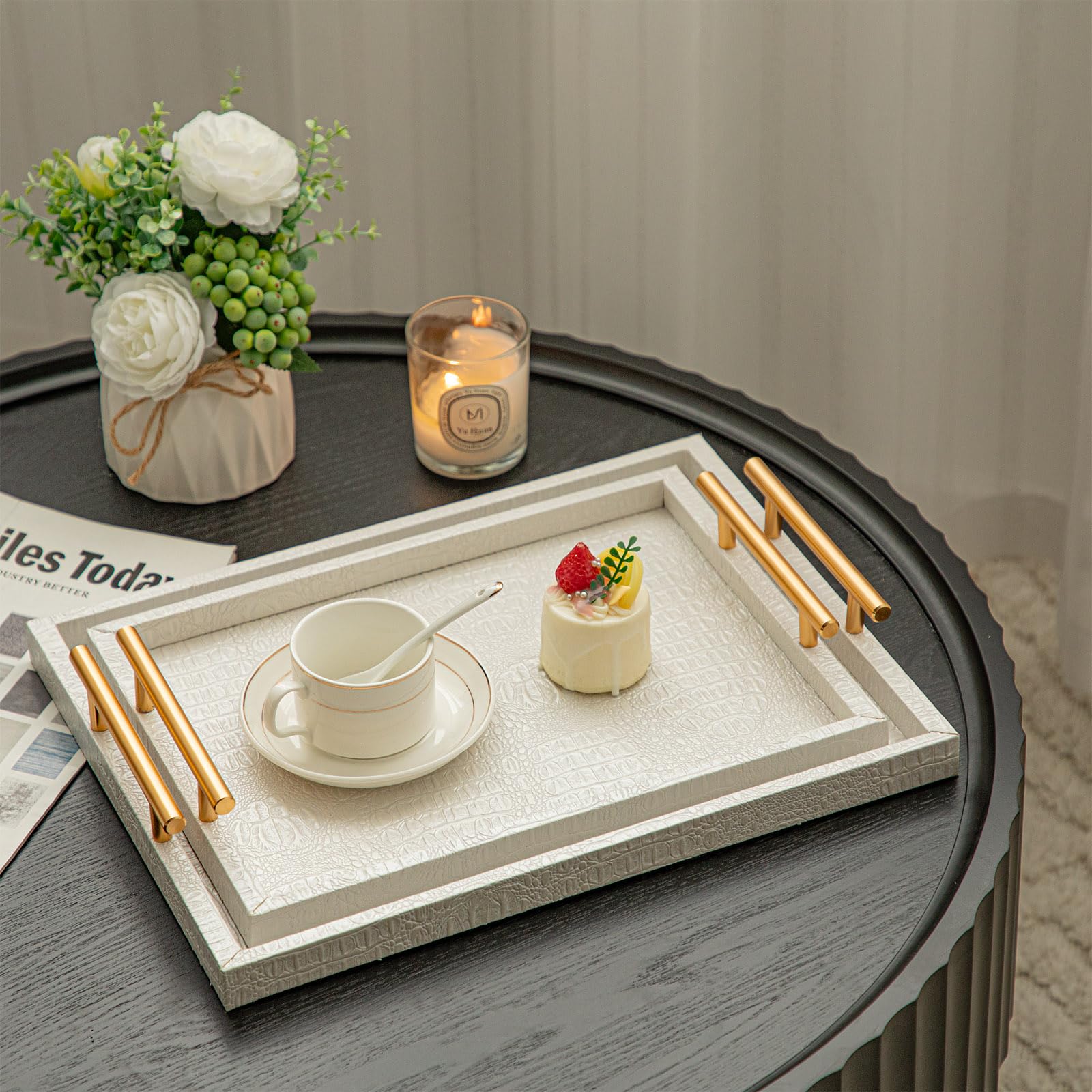 Modernes Elegantes Großes Holz-Serviertablett, 2er Set Weiß Krokodil Leder mit Gold Polierte Metallgriffe, Rechteckiges Dekotablett Ottomane Tablett Couchtisch Tablett für Wohnzimmer