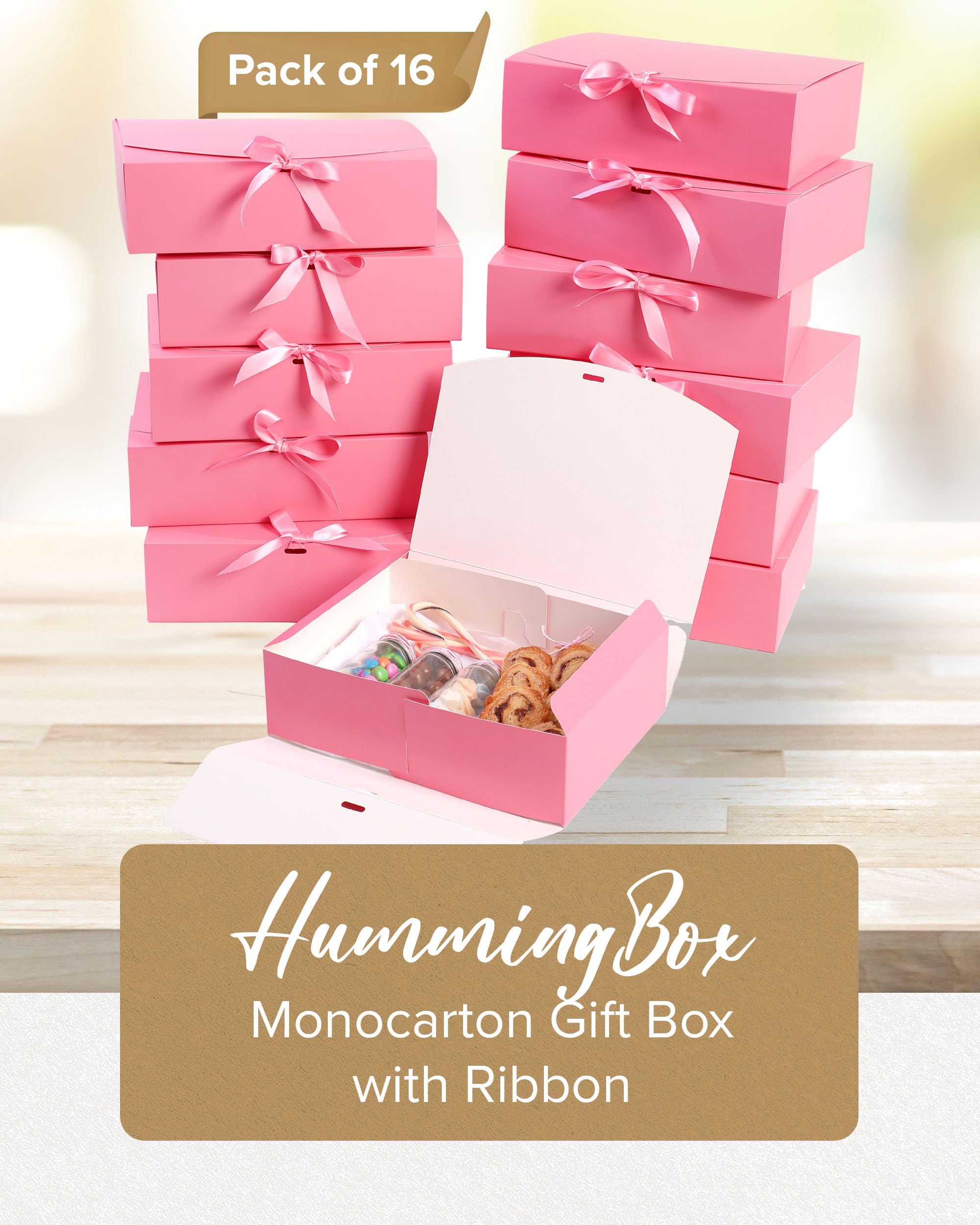 Set di 16 scatole regalo rosa, per regali e regali per matrimoni, compleanni e altro ancora, scatole regalo nere facili da montare, con coperchi e chiusura a nastro, scatole decorative con