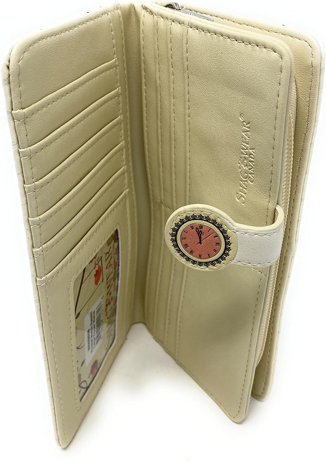 Shag Wear Pocket Watch and Rabbit Large Women’s Wallet, Vegan Faux Leather Bifold with Card Slots, Bill Compartments and Secure Snap Closure in Beige 7" - Image 3