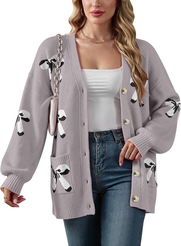 Libsorge Womens Cute Bow Button Long Sleeve Cardigan Sweaters | Oversized, Pocket, V Neck, Fall, Winter, Spring, Valentine