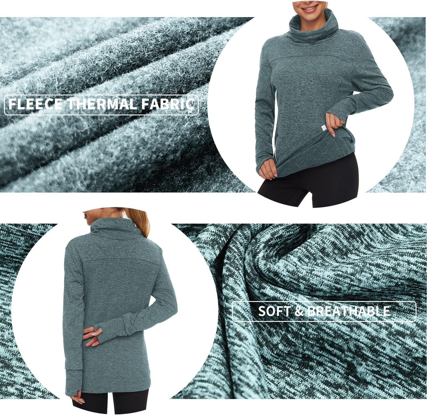 Soneven Women's Running Fleece Sweatshirts Cowl Neck Thermal Pullover Long Sleeve Shirt with Pocket and Neck Gaiter Face Mask - Image 4