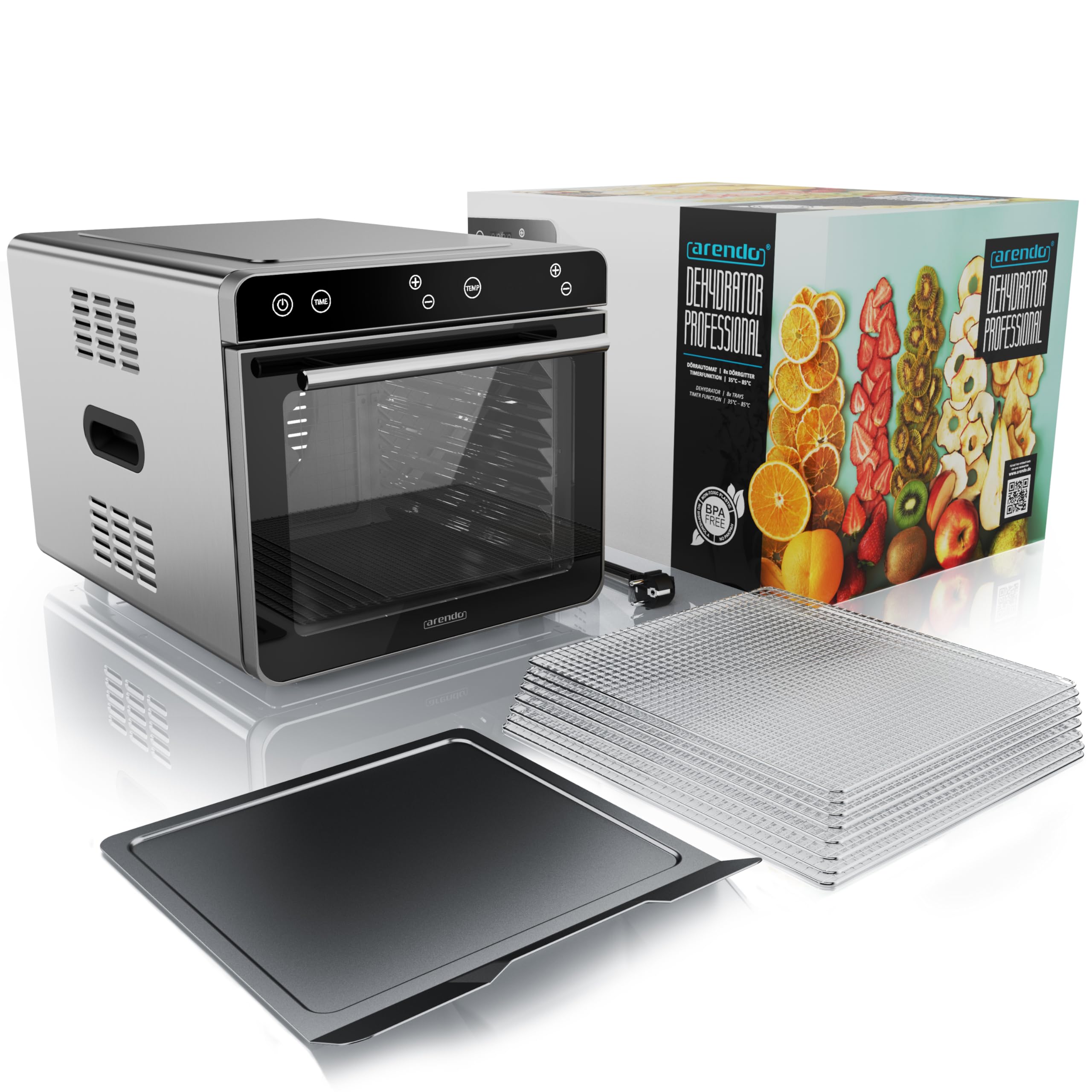 Arendo - Dörrautomat Edelstahl mit 8 Edelstahlgitter - 700 W - 35°-85°C - 8 Edelstahl Einlegetabletts mit insgesamt 6700 cm² - Dörrgerät Dehydrator Obsttrockner Dörrapparat - Obst Fleisch Pilze uvm