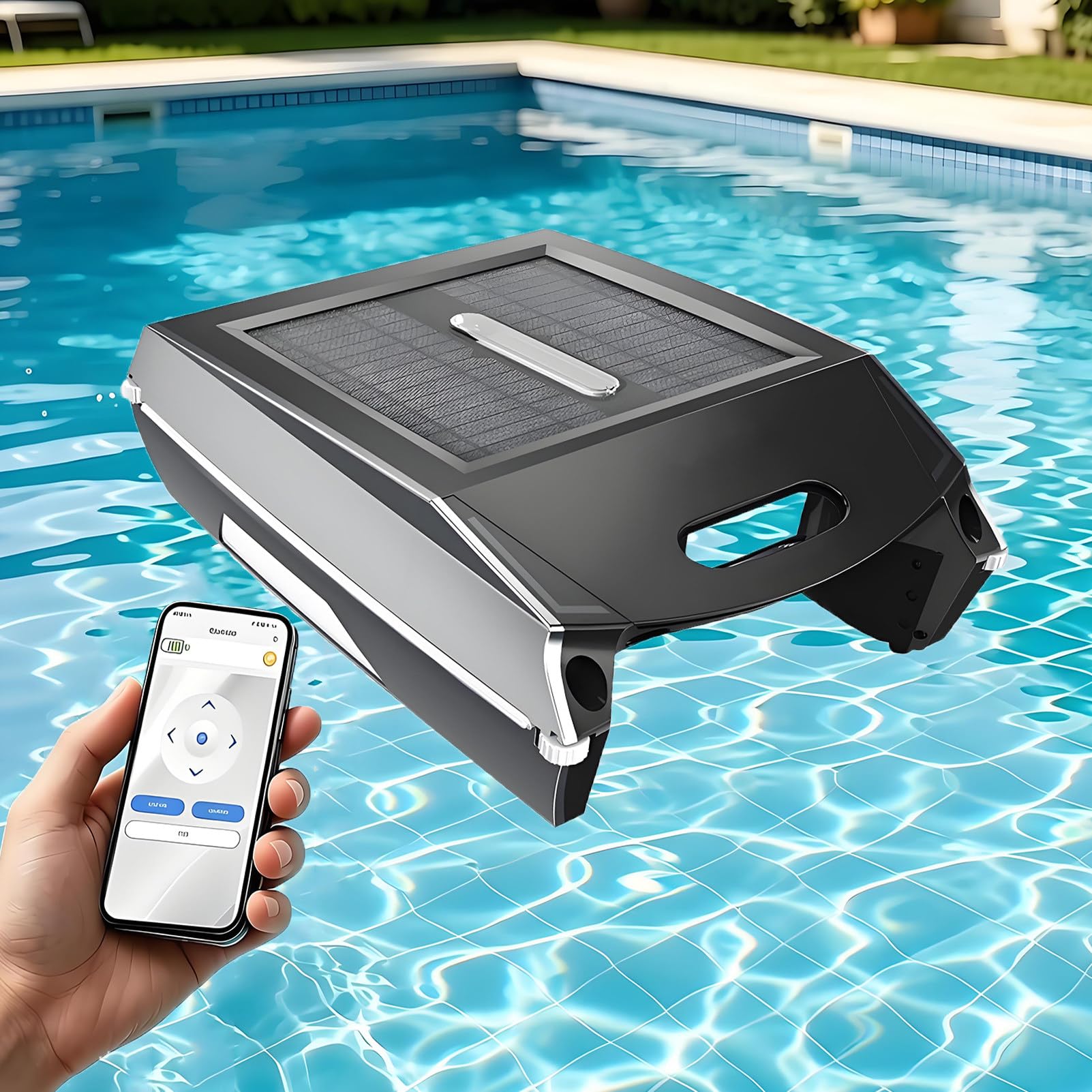EpyGnom Solar Powered Robotic Pool Skimmer with APP, 300㎡ 450um Automatic Pool Skimmer Cleaner Robot, 10W Brushless Motor, with Auto Obstacle Avoidance, Pool Vacuum