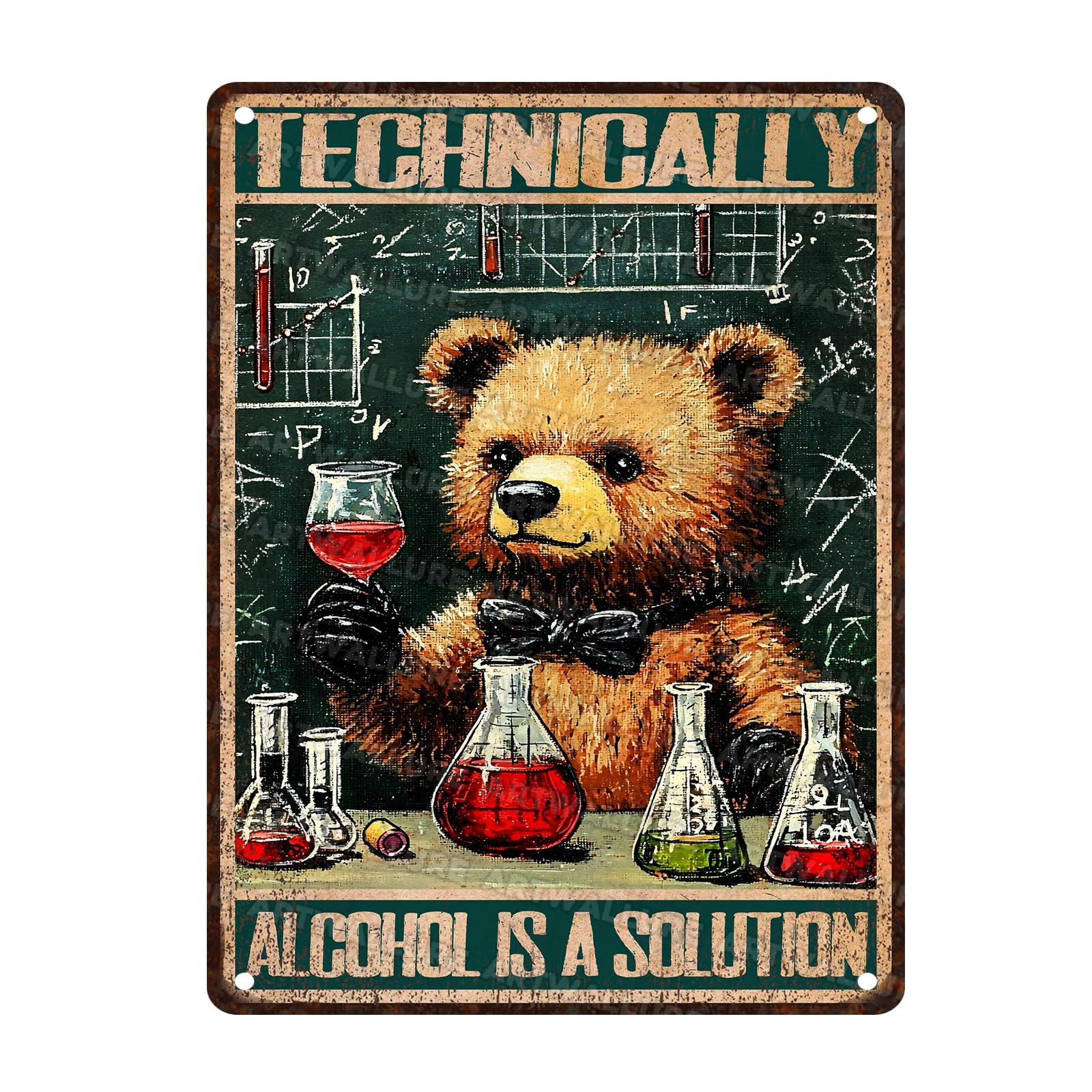 Bear Vintage Sign Technically Alcohol is a Solution Metal Sign for Home Bar Funny Bear Sign 12x16Inch