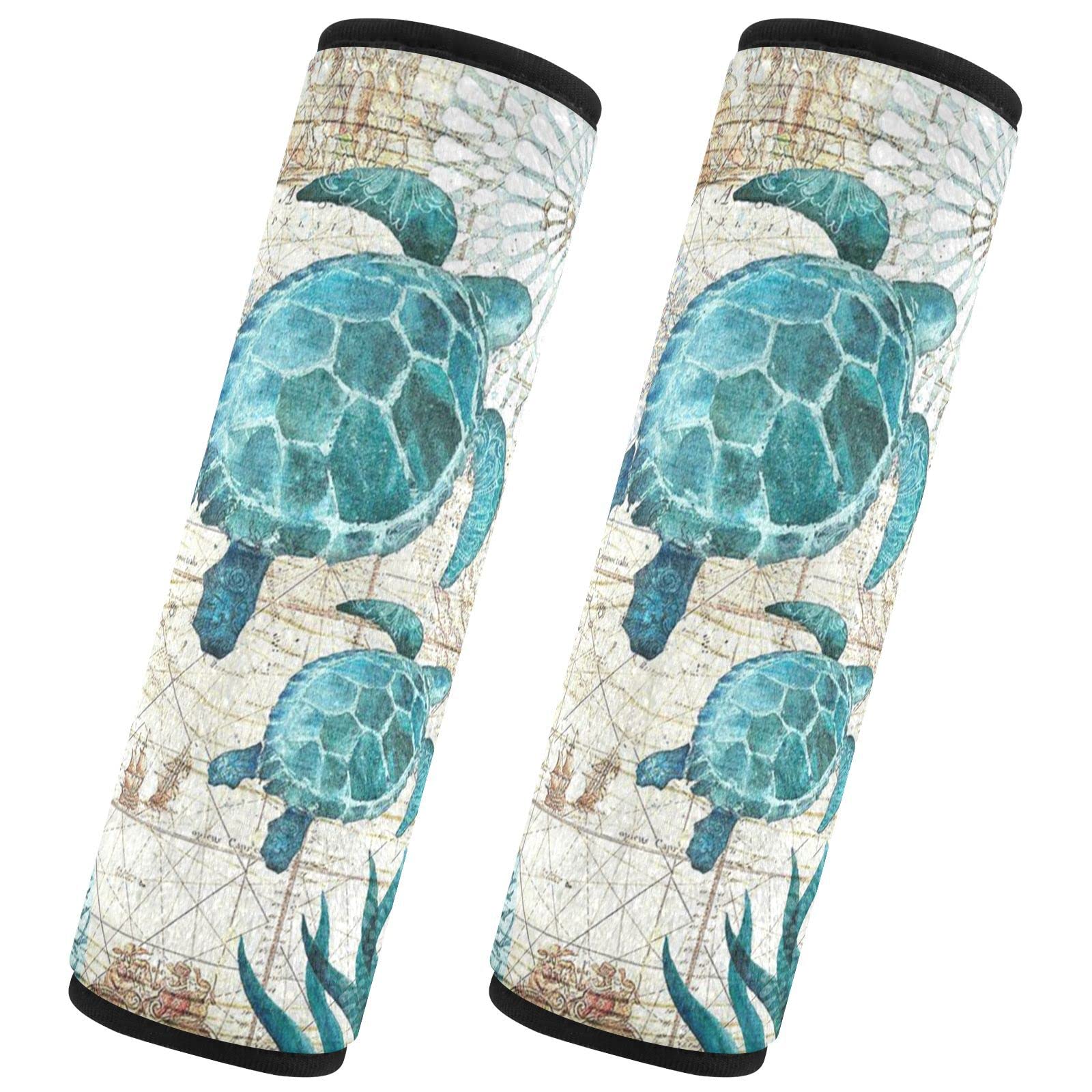 senya Vintage Ocean Sea Turtle Starfish Map 2 Pack Soft Auto Seat Belt Cover Seatbelt Shoulder Pad for More Comfortable Driving, 10 x 7.7 inch